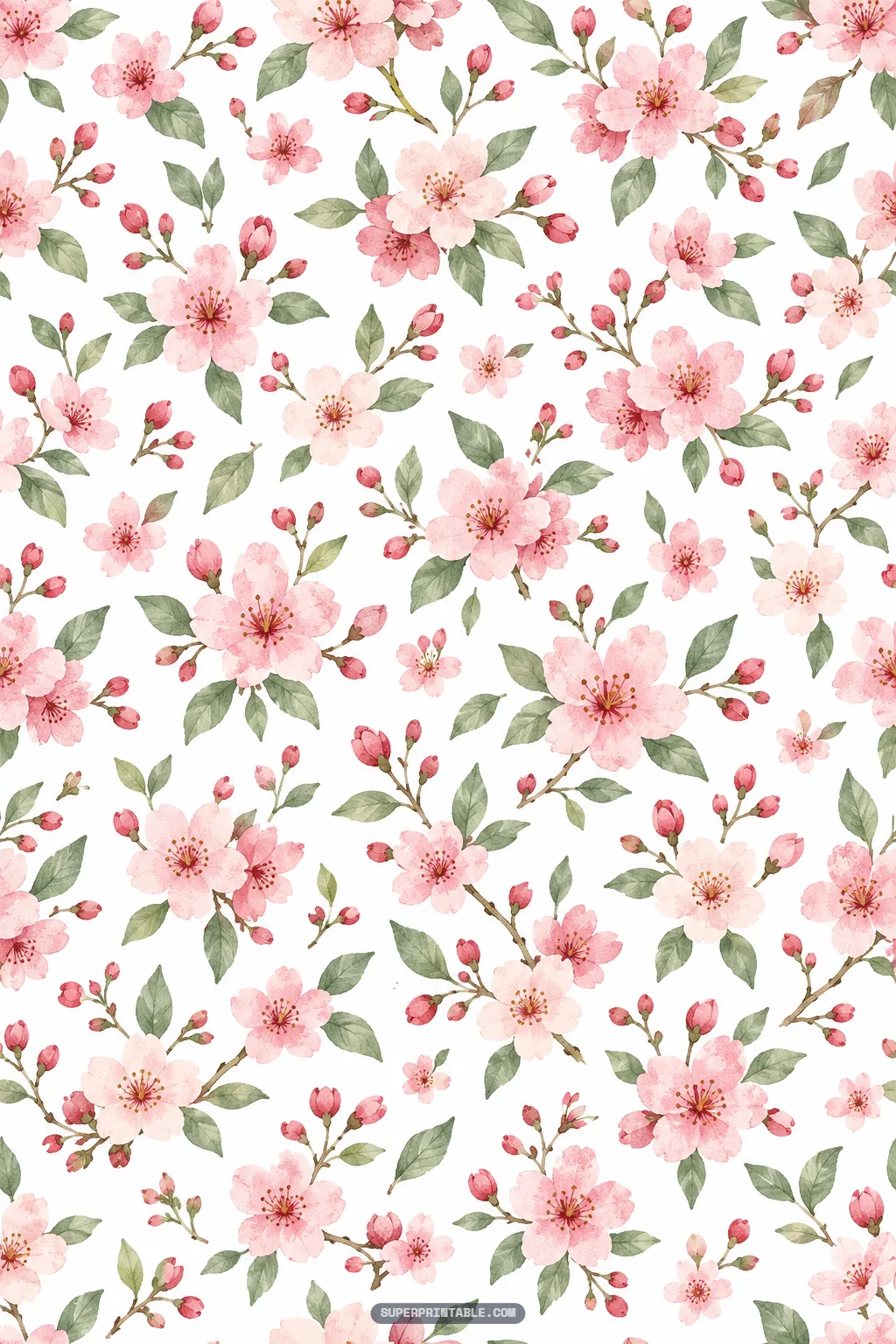 Soft pastel pink cherry blossom flowers and buds on delicate leafy branches
