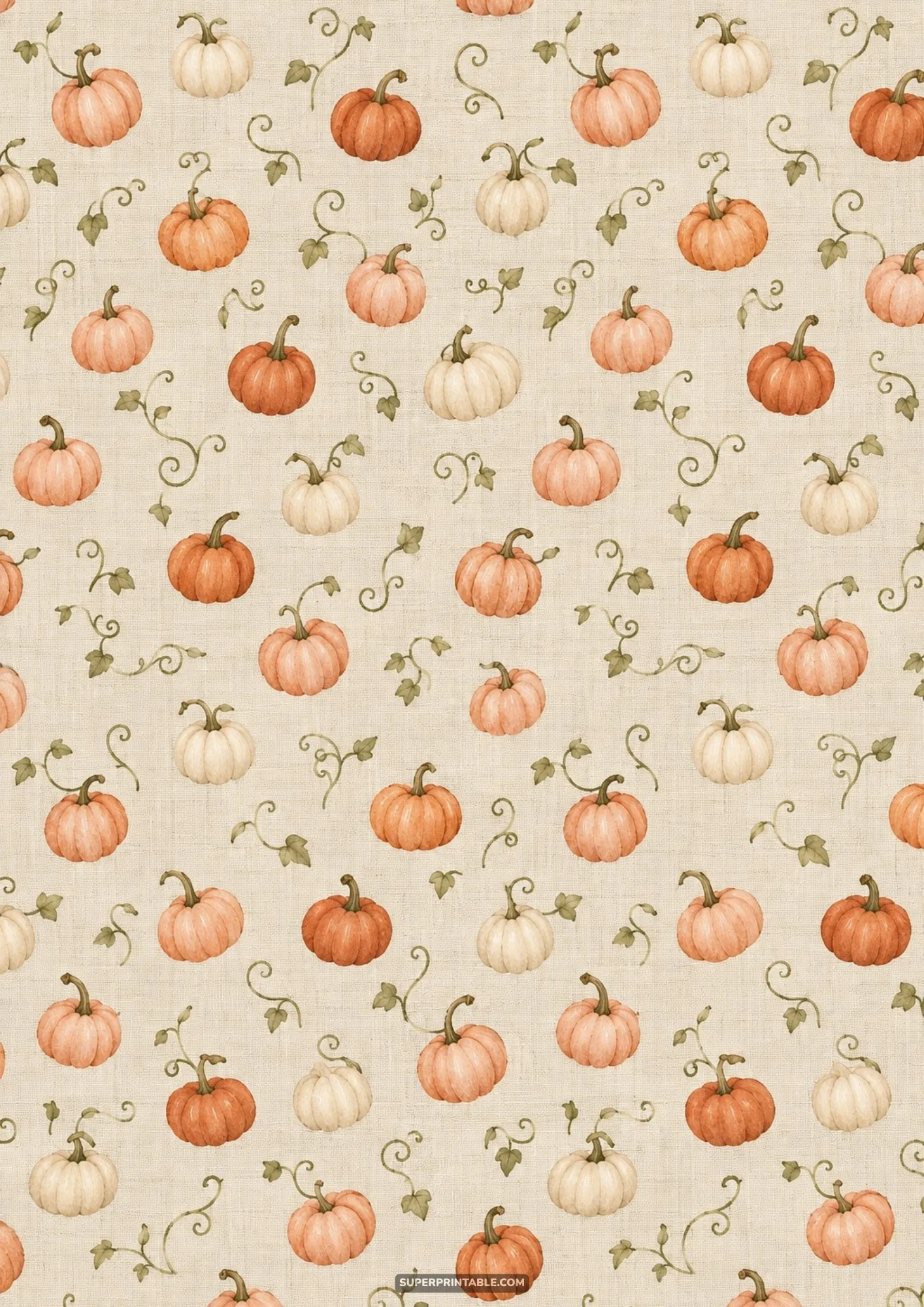 Seamless fall pattern with cream and orange miniature pumpkins linked by delicate vine tendrils on light linen.
