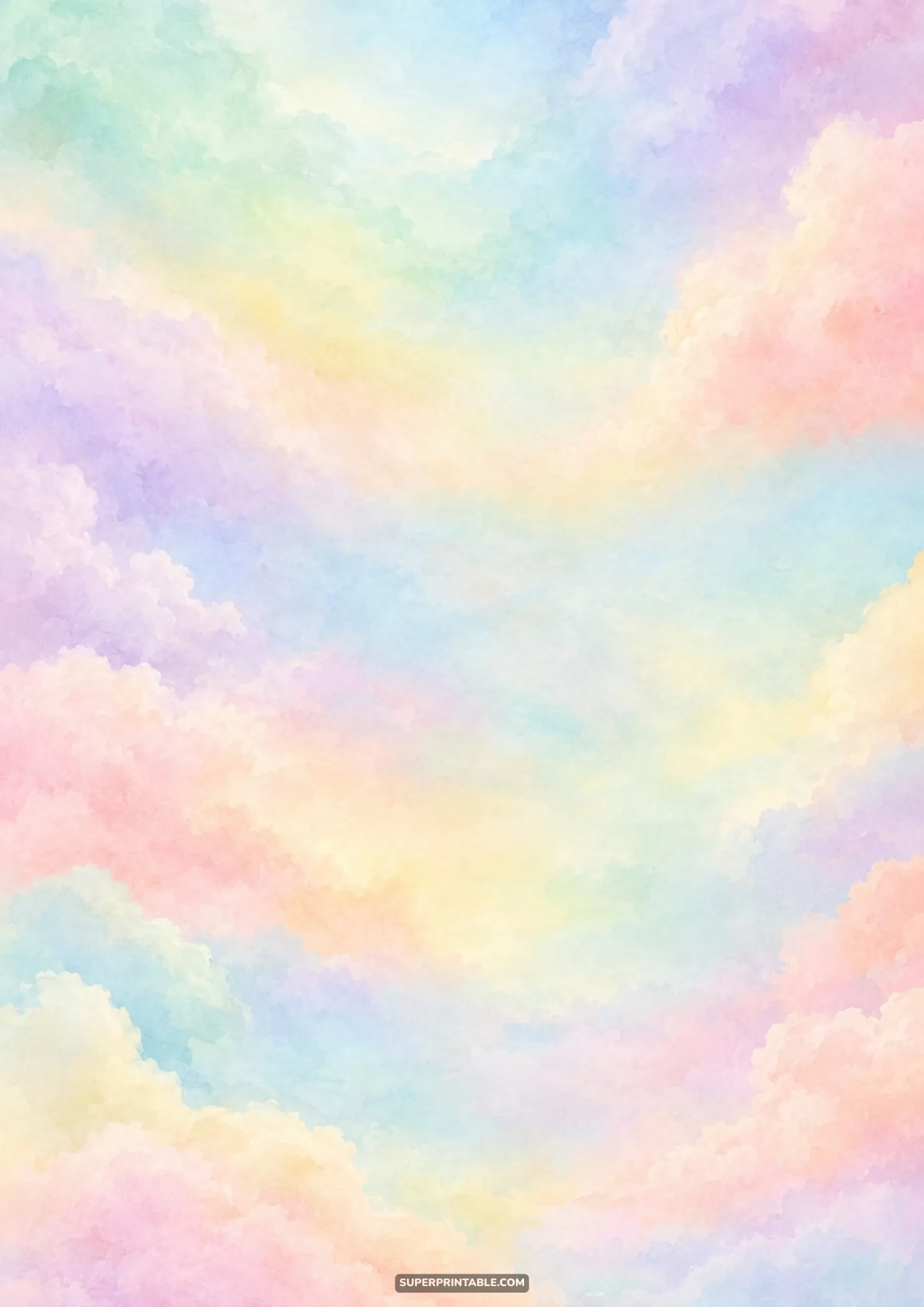 Dreamy watercolor wash cloudscape blending pastel shades of rainbow pink, yellow, and blue