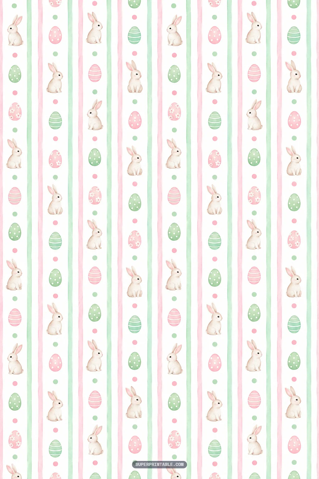 Vertical soft pink and sage green watercolor stripes lined with sitting bunnies and delicate decorative eggs