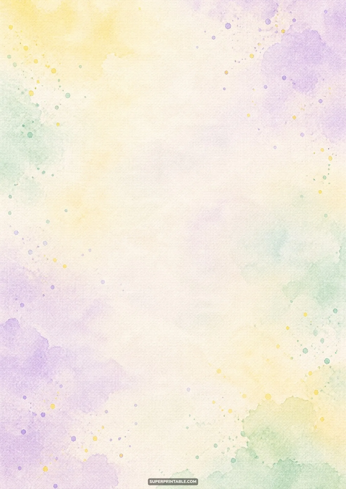 Soft watercolor wash in lavender, mint, and yellow with paint splatters on paper