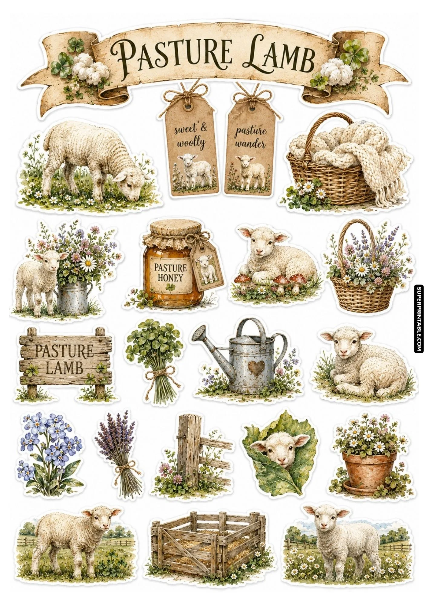 Pasture lamb sticker sheets illustration showing lambs grazing peacefully in clover-filled fields.