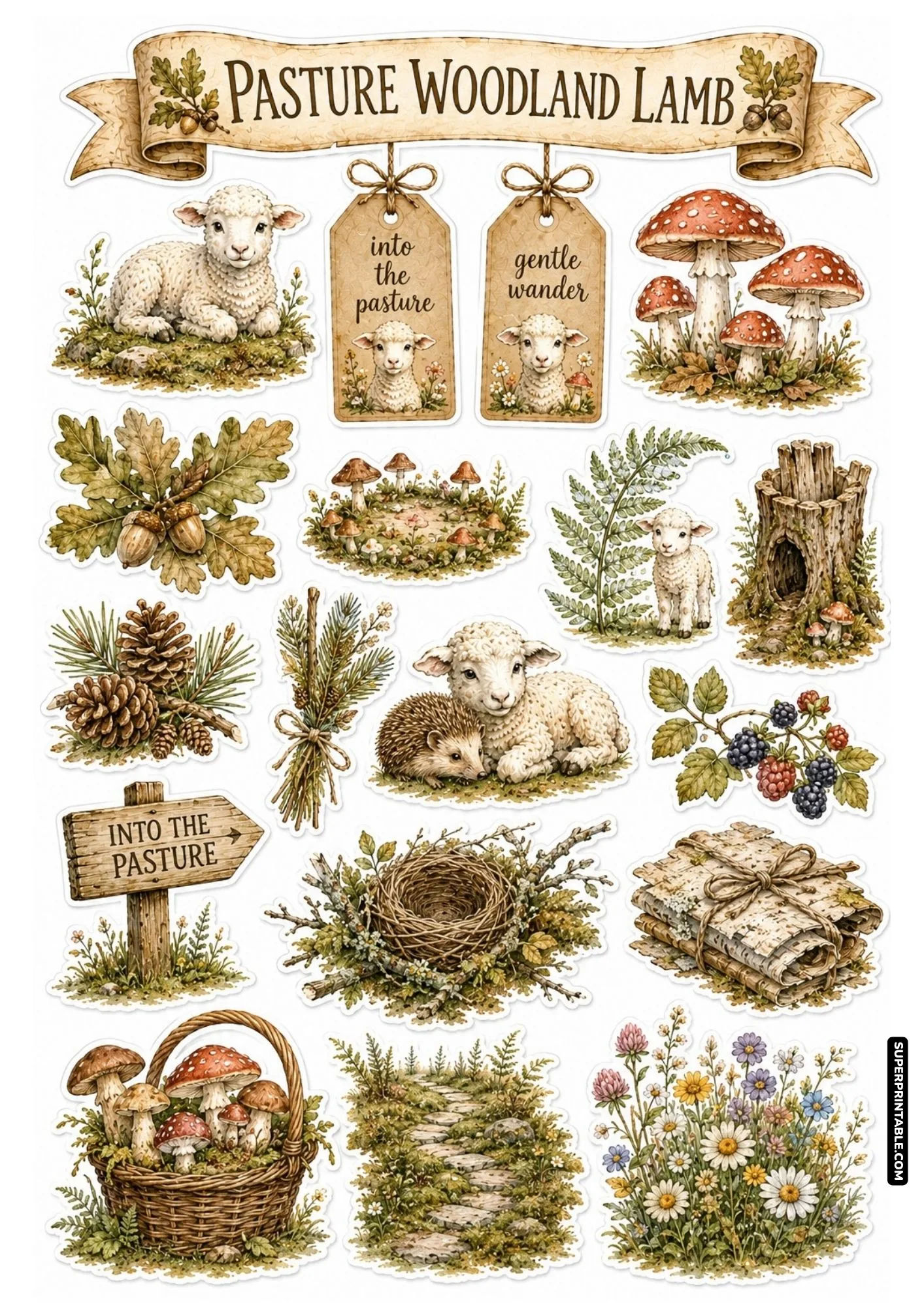 Pasture woodland lamb sticker sheet with forest mushrooms, pinecones, hedgehogs, and cozy lambs.