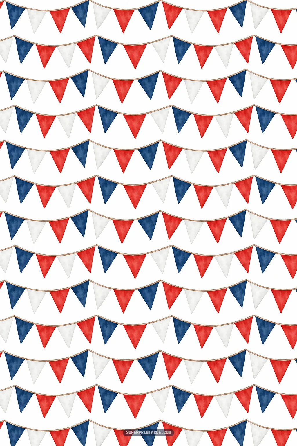 Swags of hanging triangular pennant bunting flags in patriotic red white and deep navy blue colors