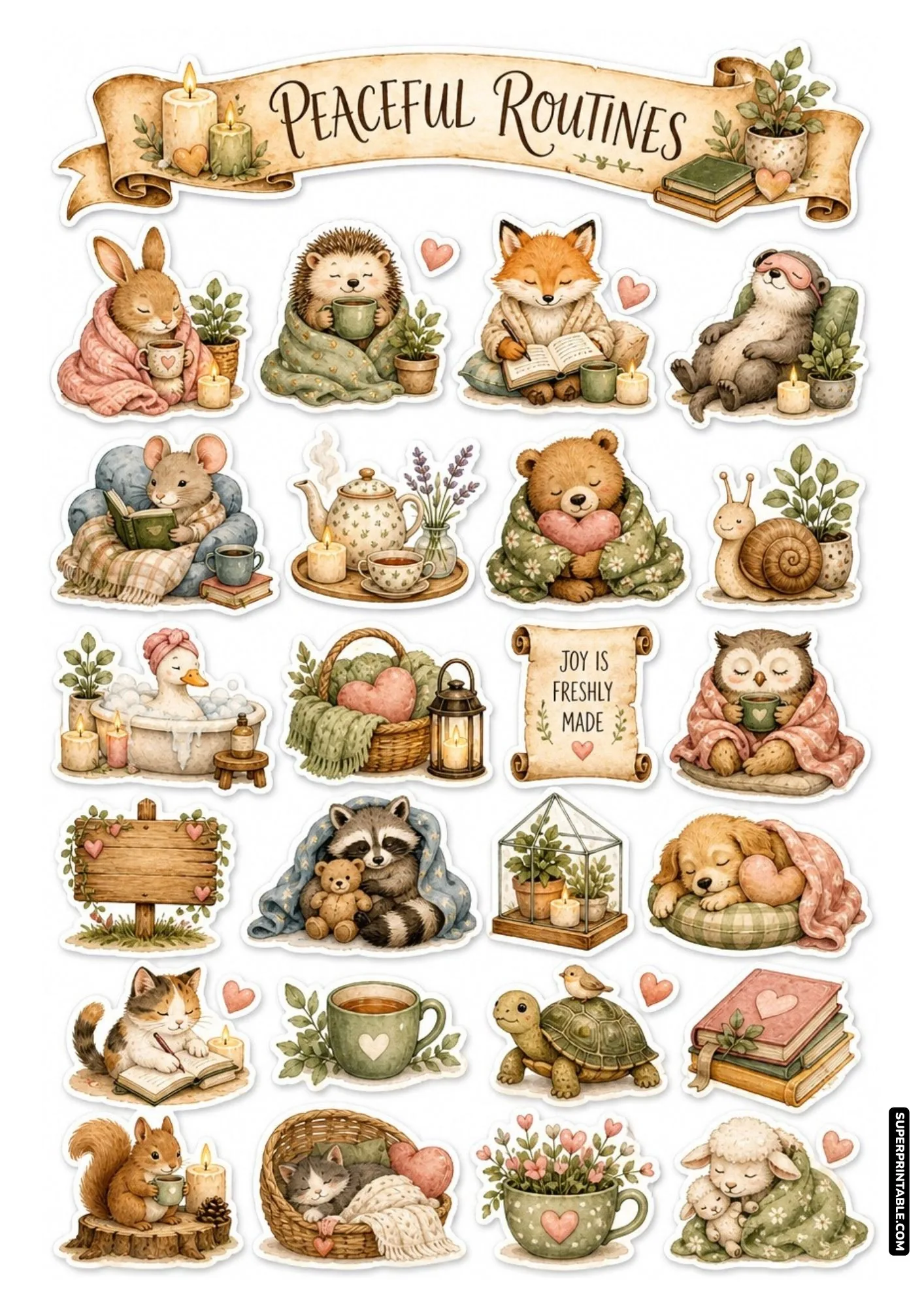Peaceful animal routines sticker sheet with cozy reading mice, tea pots, and relaxing pets.