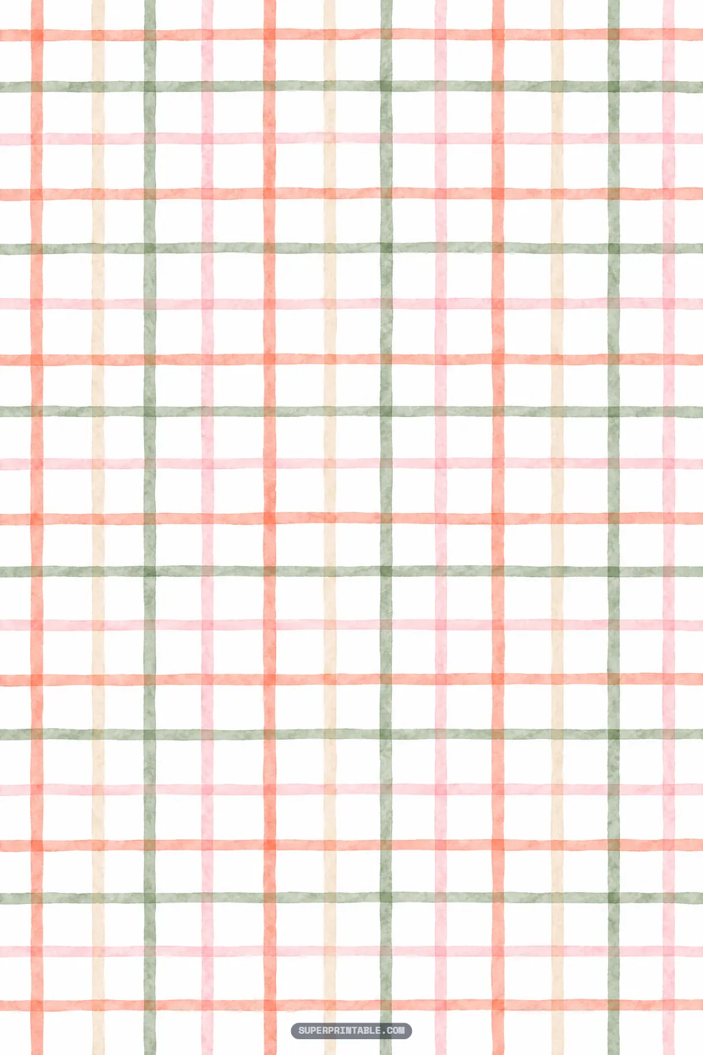 Minimalist windowpane plaid pattern painted in watercolor lines of soft peach, sage, and pink