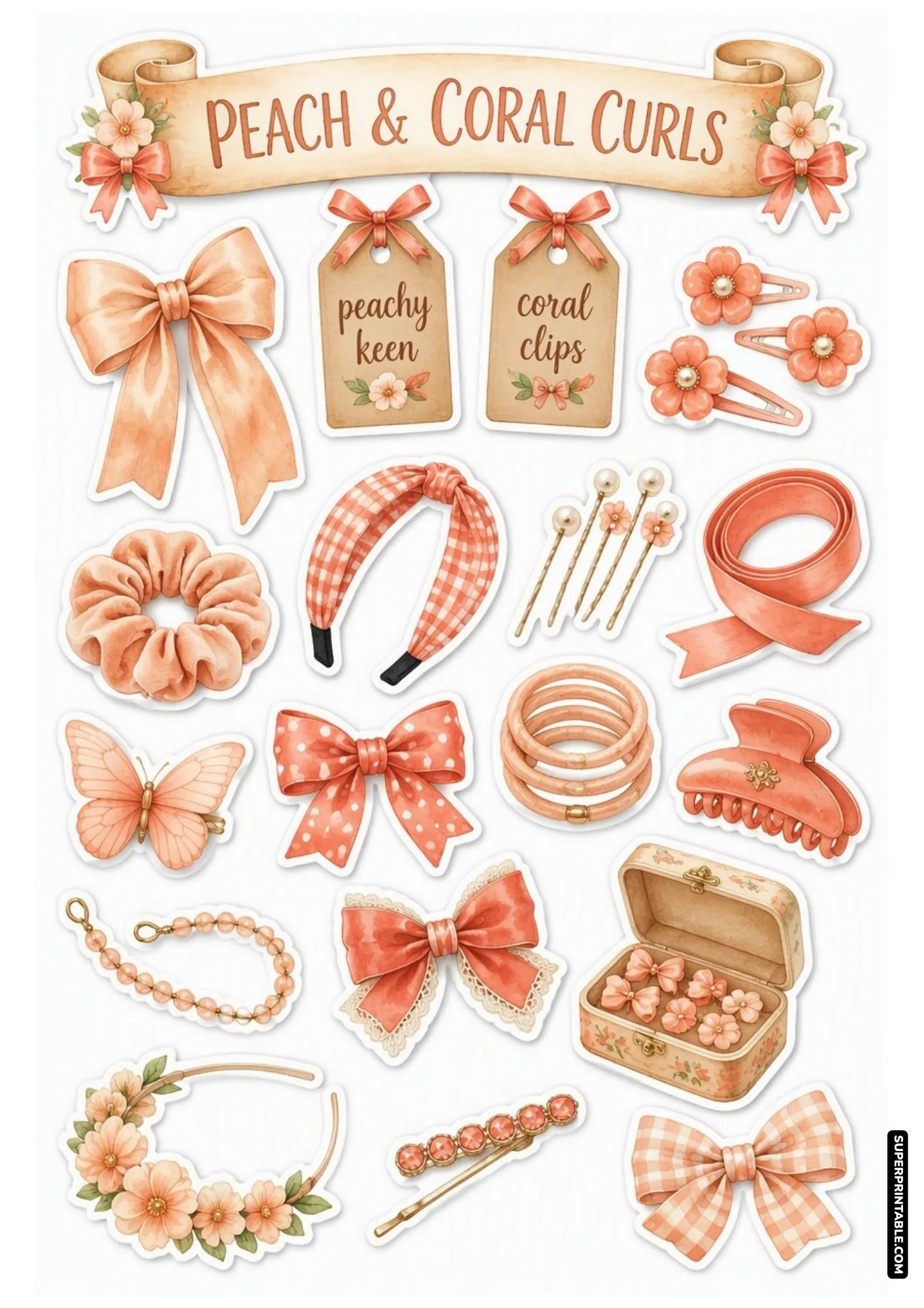 Peach and coral hair accessory stickers showcasing floral clips, gingham headband, and peach bows.