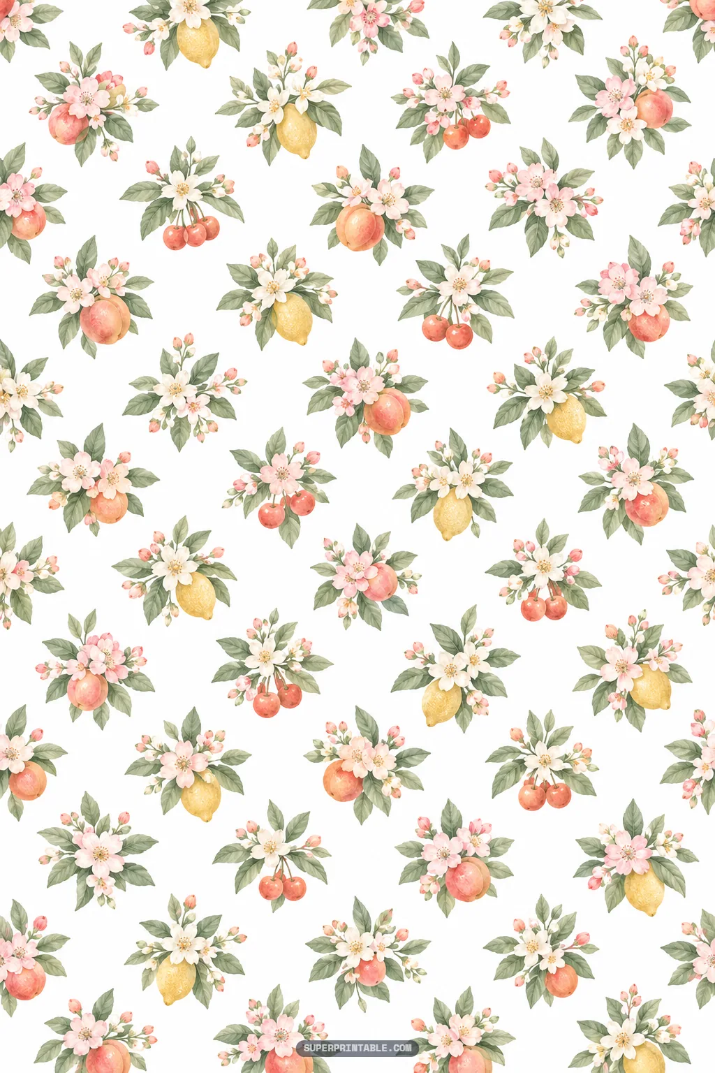 Botanical floral bouquets featuring ripe peaches, whole lemons, cherries, and delicate blossoms