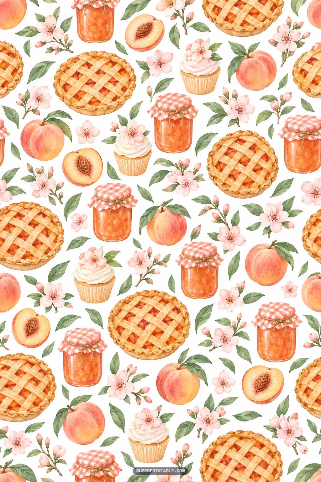 Homemade lattice peach pies, frosted cupcakes, and jars of sweet jam on peach orchard digital paper