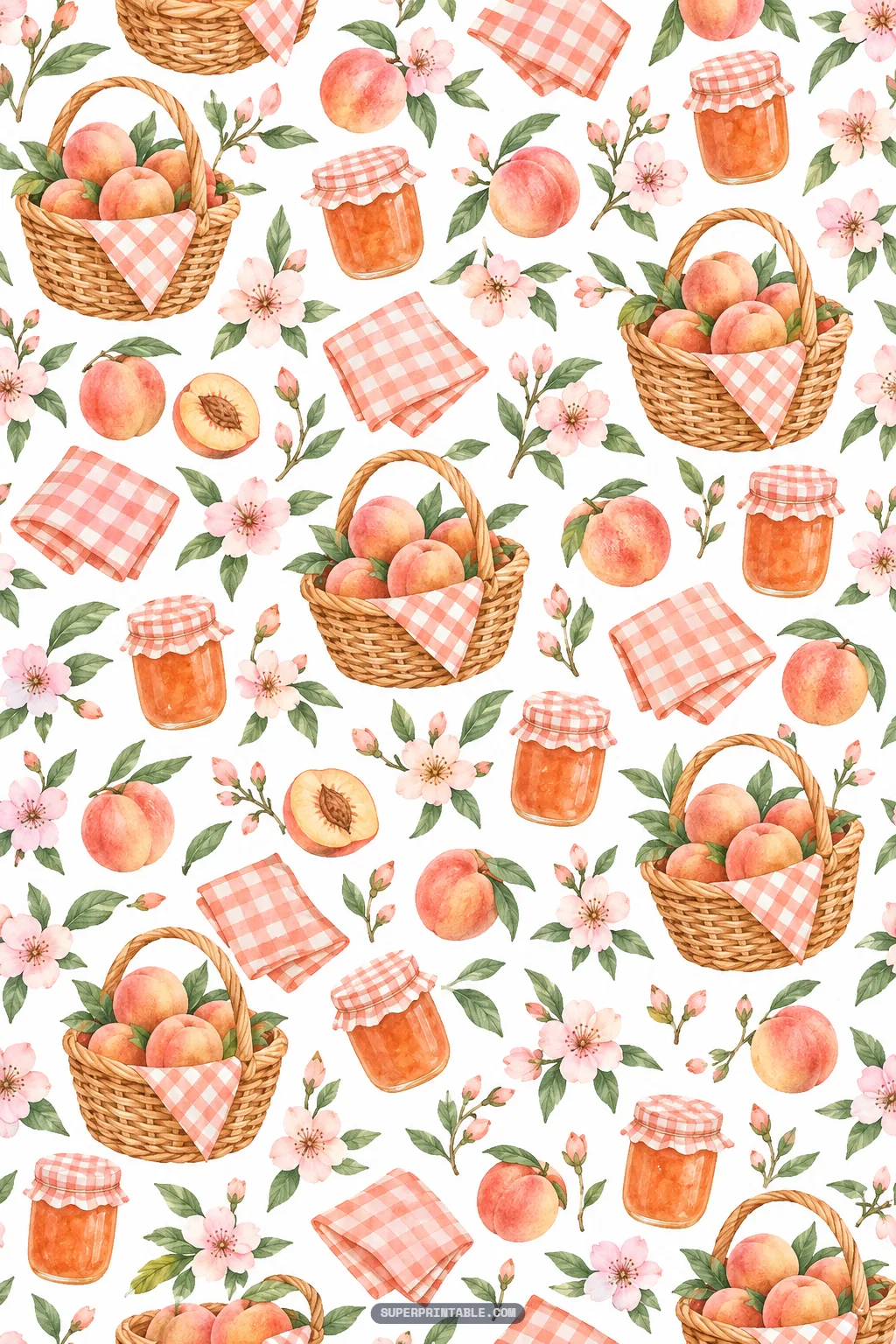 Wicker picnic baskets filled with peaches, gingham napkins, and glass jars of peach fruit preserves