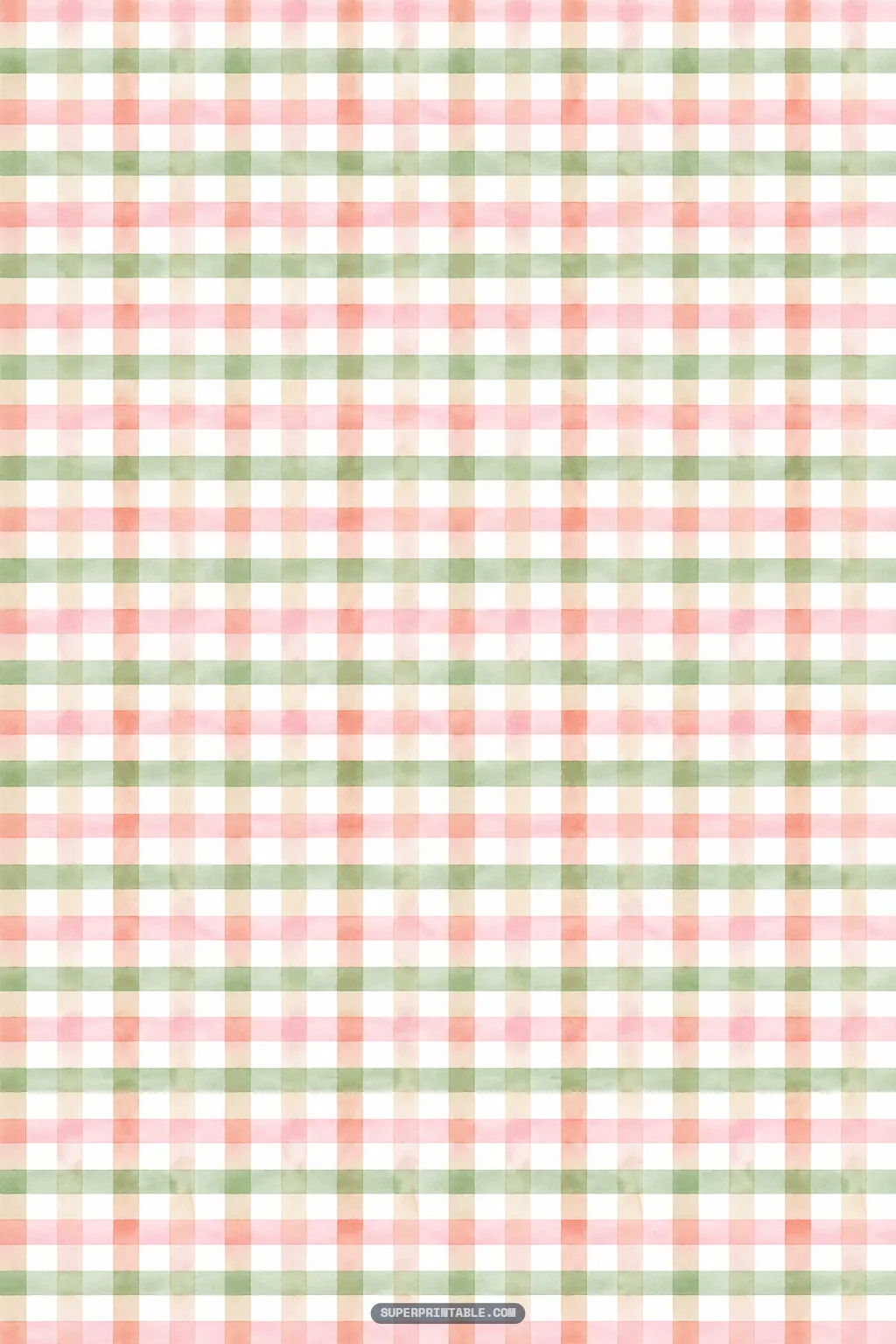 Classic picnic gingham check pattern rendered with watercolor bands of peach, pink, and sage green