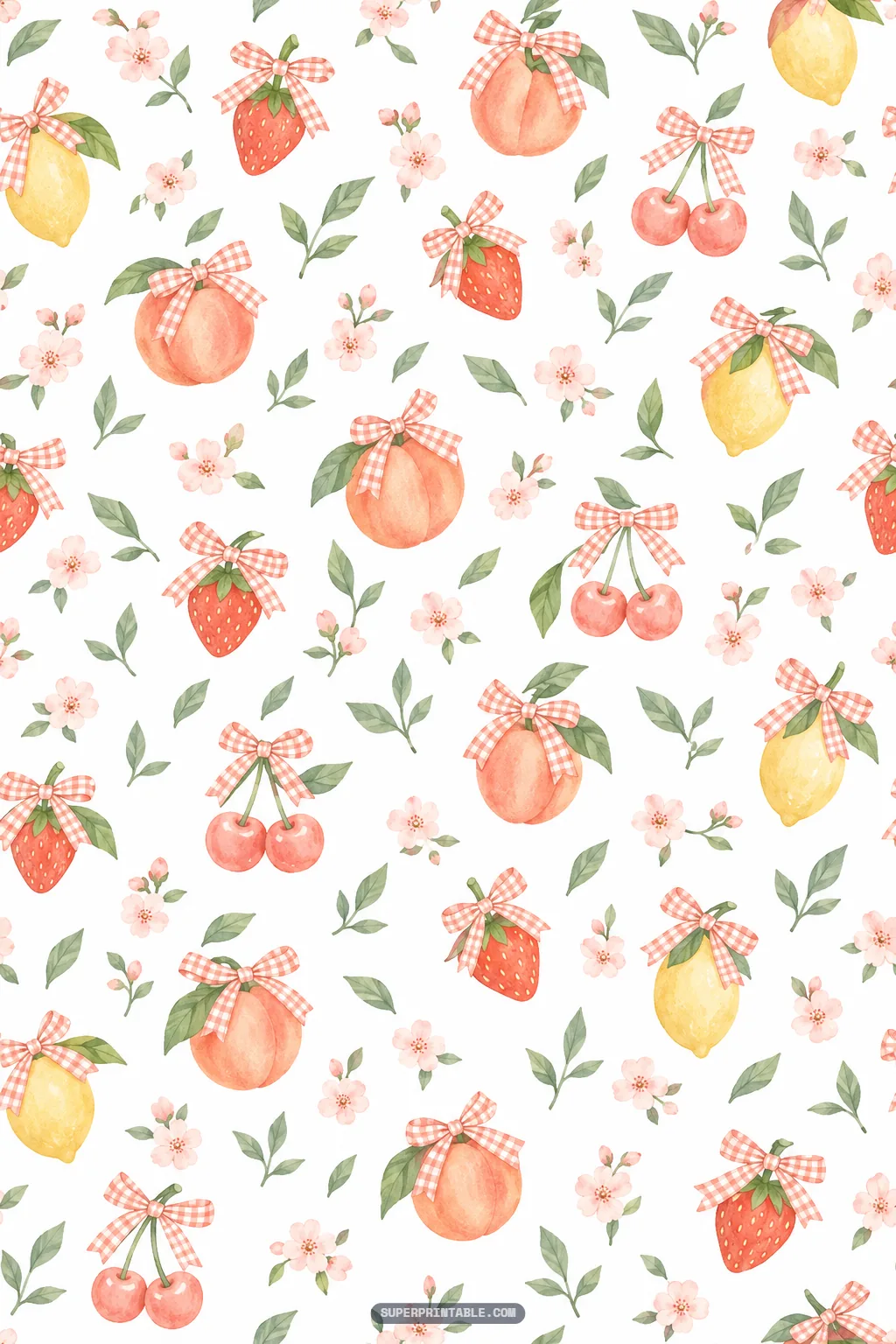 Cottagecore fruit pattern featuring ripe peaches, berries, and lemons tied with red gingham bows
