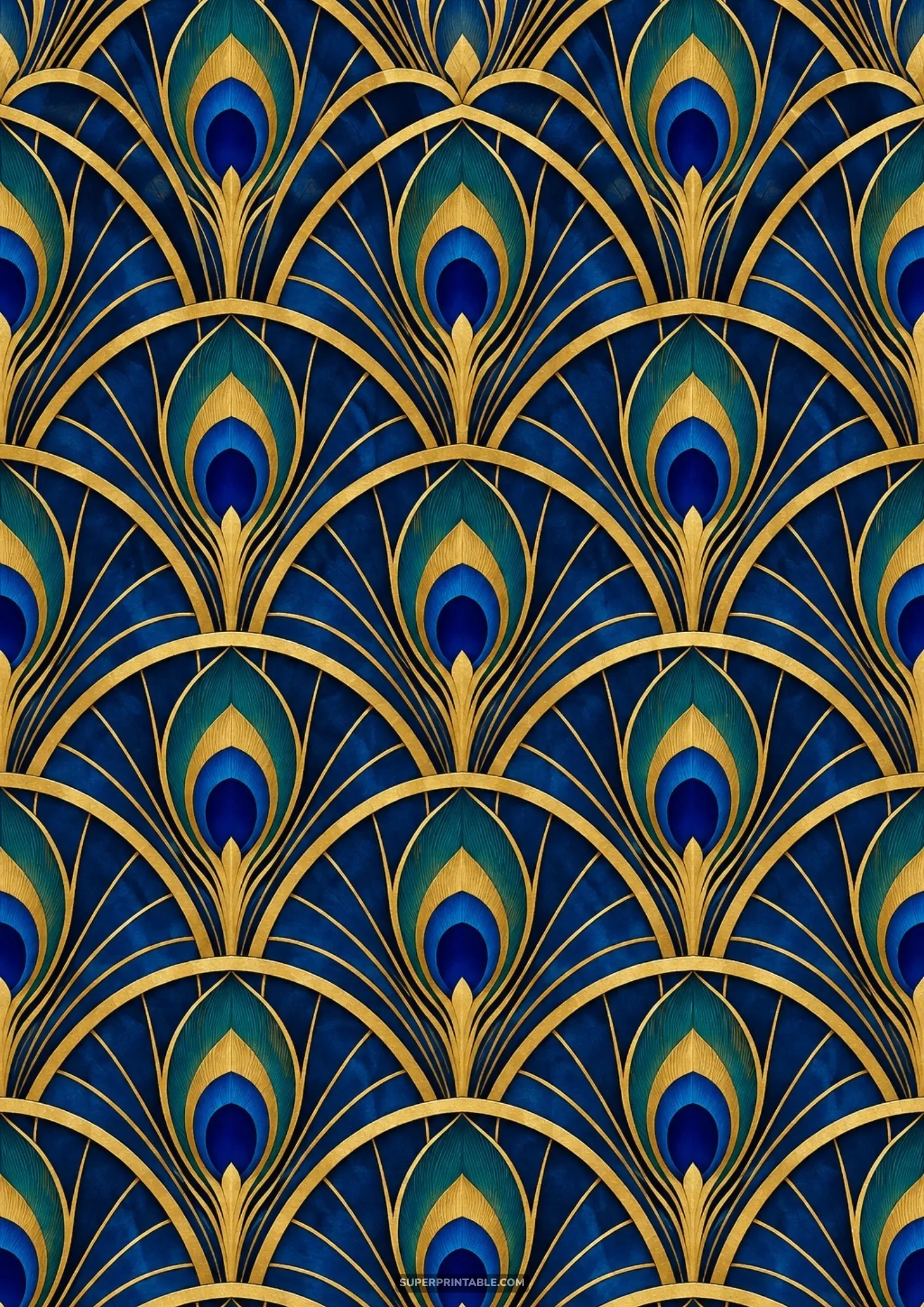Luxurious art deco glamour backgrounds featuring golden peacock feather fan patterns on rich blue