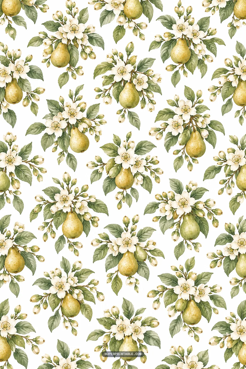 Symmetrical botanical bouquets composed of a central golden pear encircled by white floral blossoms.