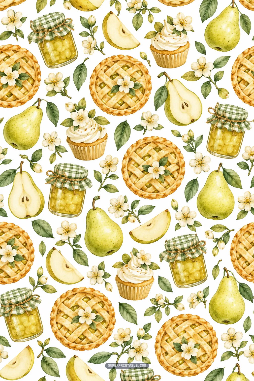 Lattice pear pies, frosted cupcakes, homemade jam jars, and pear orchard digital papers bakery pattern.