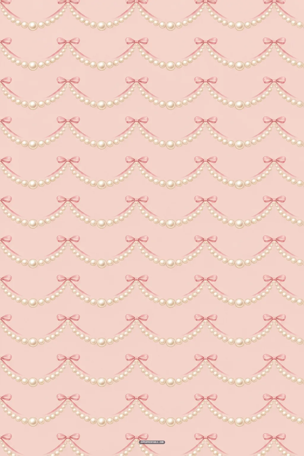 Hanging pearl bead festoons fastened with sweet pink bows draped across a pastel blush background