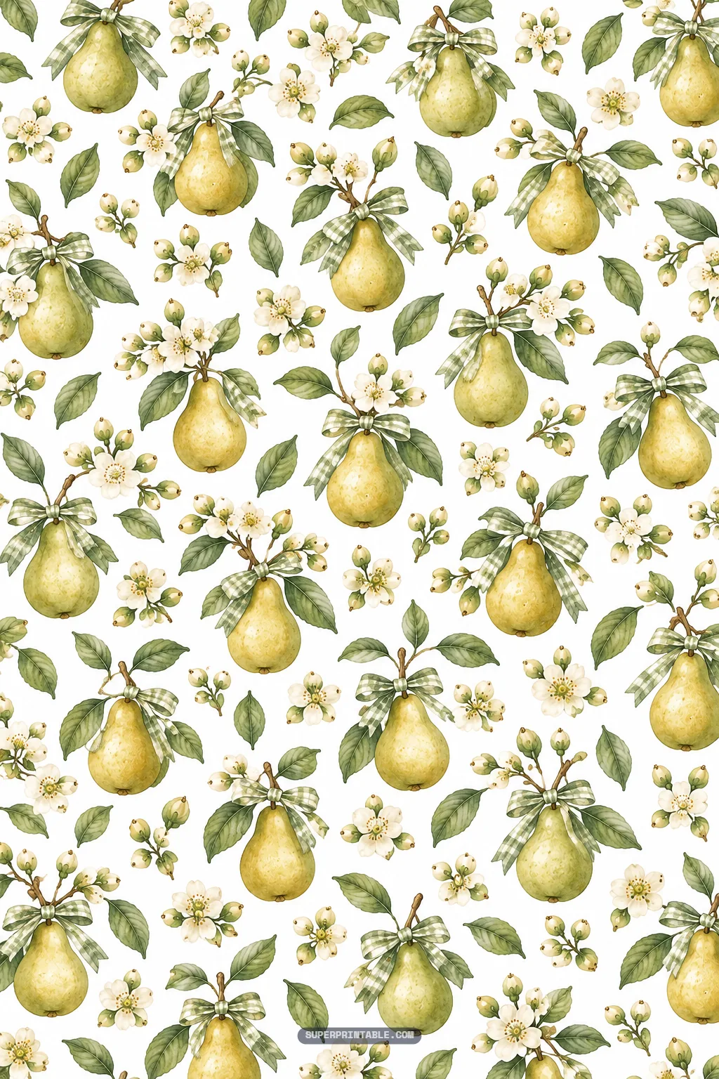 Rustic golden pears tied with sage green checkered ribbon bows and surrounded by tiny white blossoms.