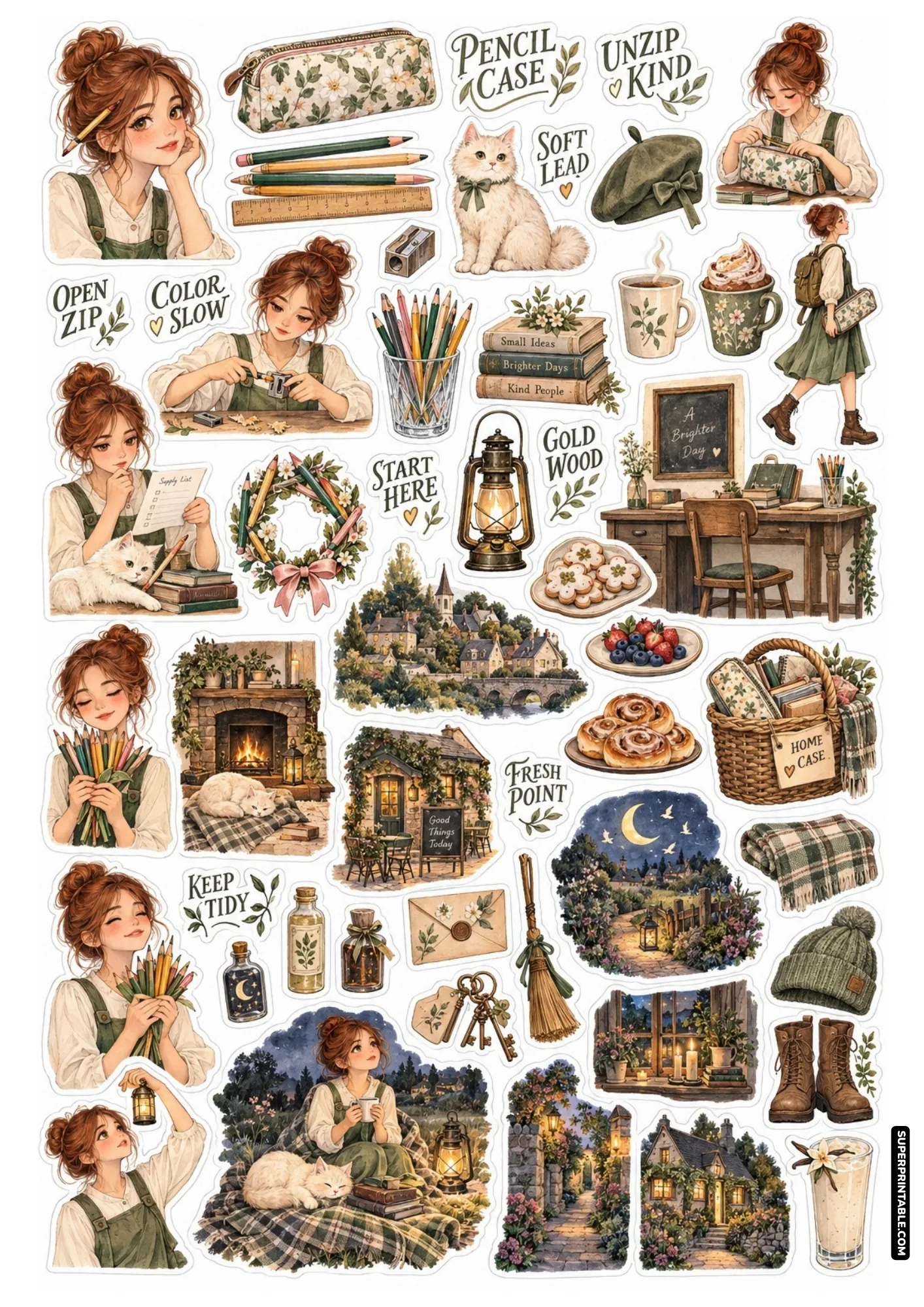 Art supplies sticker sheet with colorful wooden pencils, floral zipper pouches, and drawing stationery.