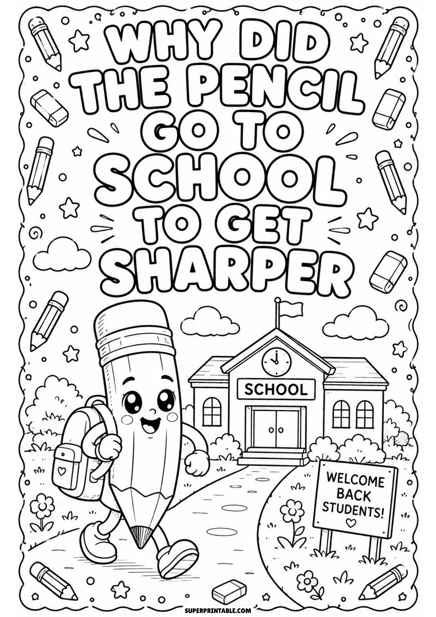 Animated pencil character wearing a backpack walking on a path to school.