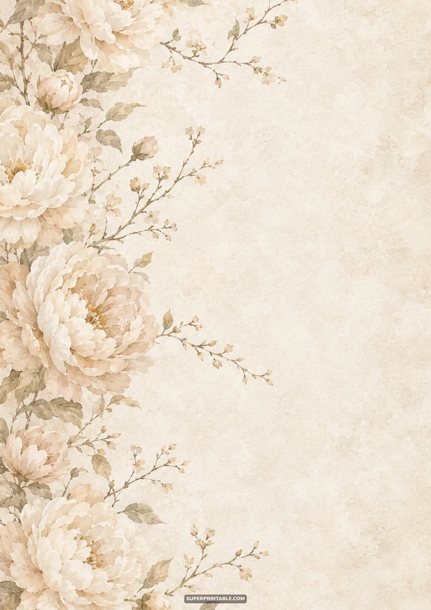 Full champagne peony blossoms and delicate floral buds climbing up the left paper margin
