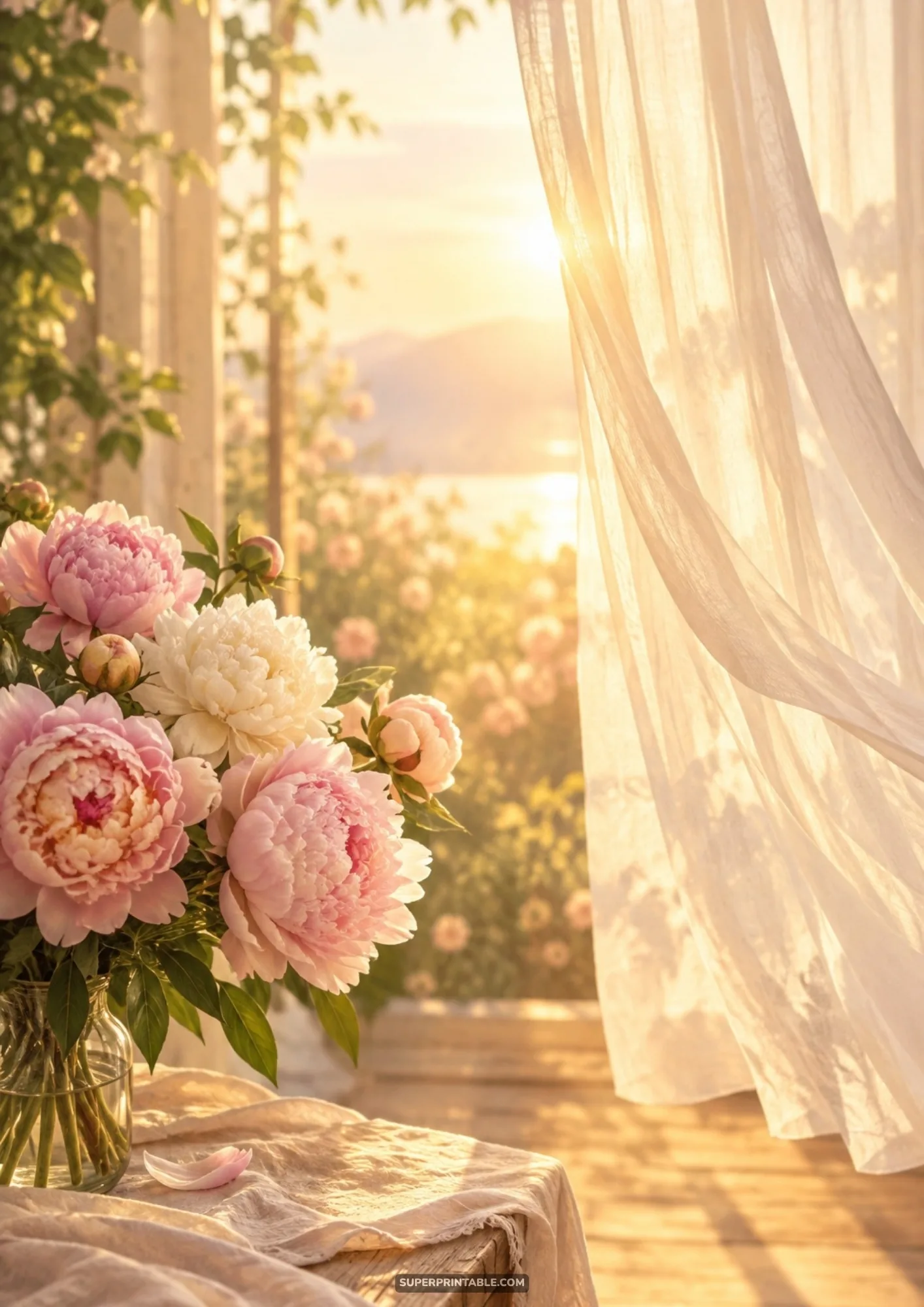 Blush peony bouquet on a sunlit terrace table beside an airy sheer white curtain at sunset