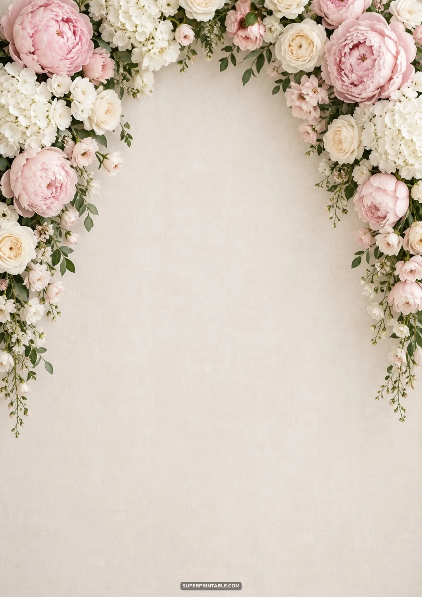 Pink peony and white hydrangea floral arch framing a warm textured linen studio backdrop