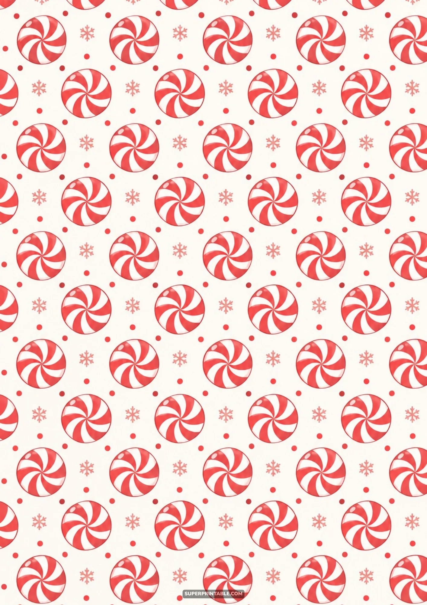 Round red and white peppermint candy swirls with tiny snowflakes on an ivory background.