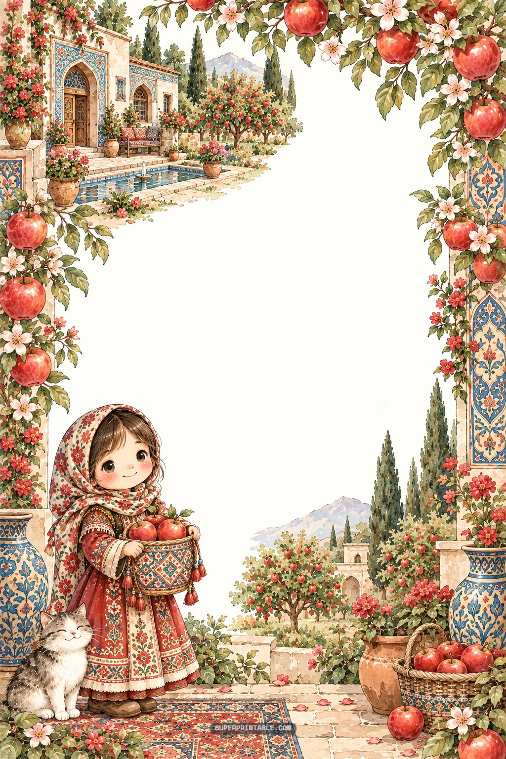 Persian girl with apple basket on floral rug by a tiled fountain courtyard
