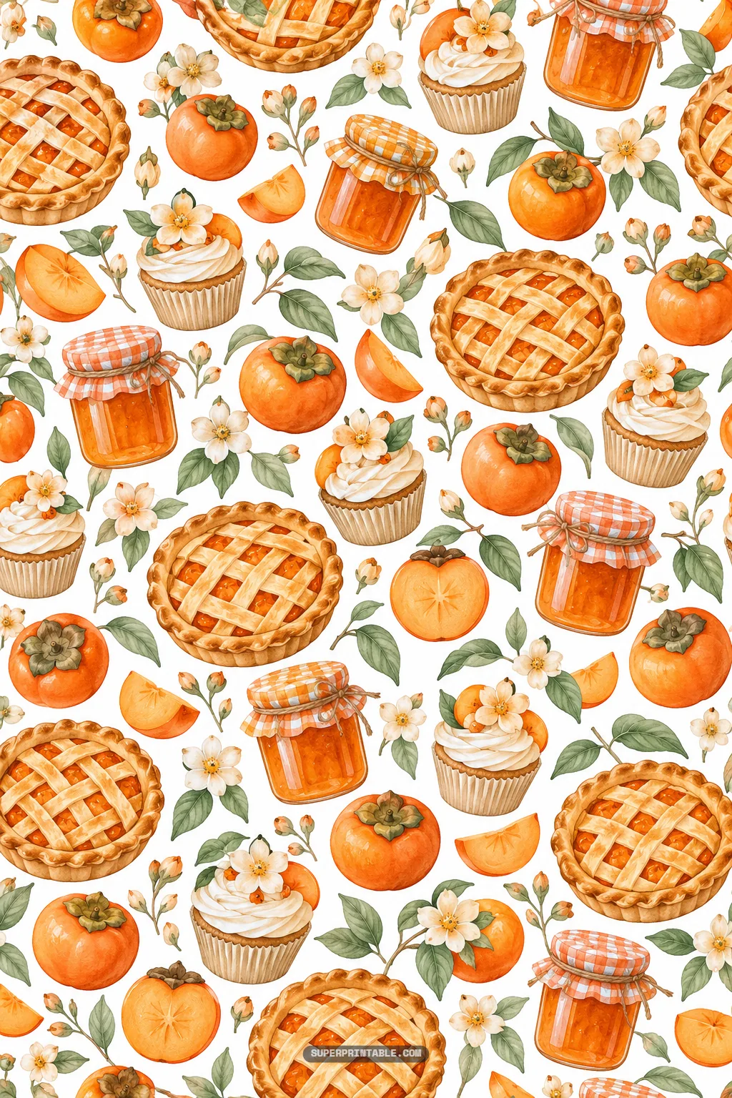 Autumn persimmon orchard digital papers bakery print with baked lattice pies, frosted cupcakes, and jam jars