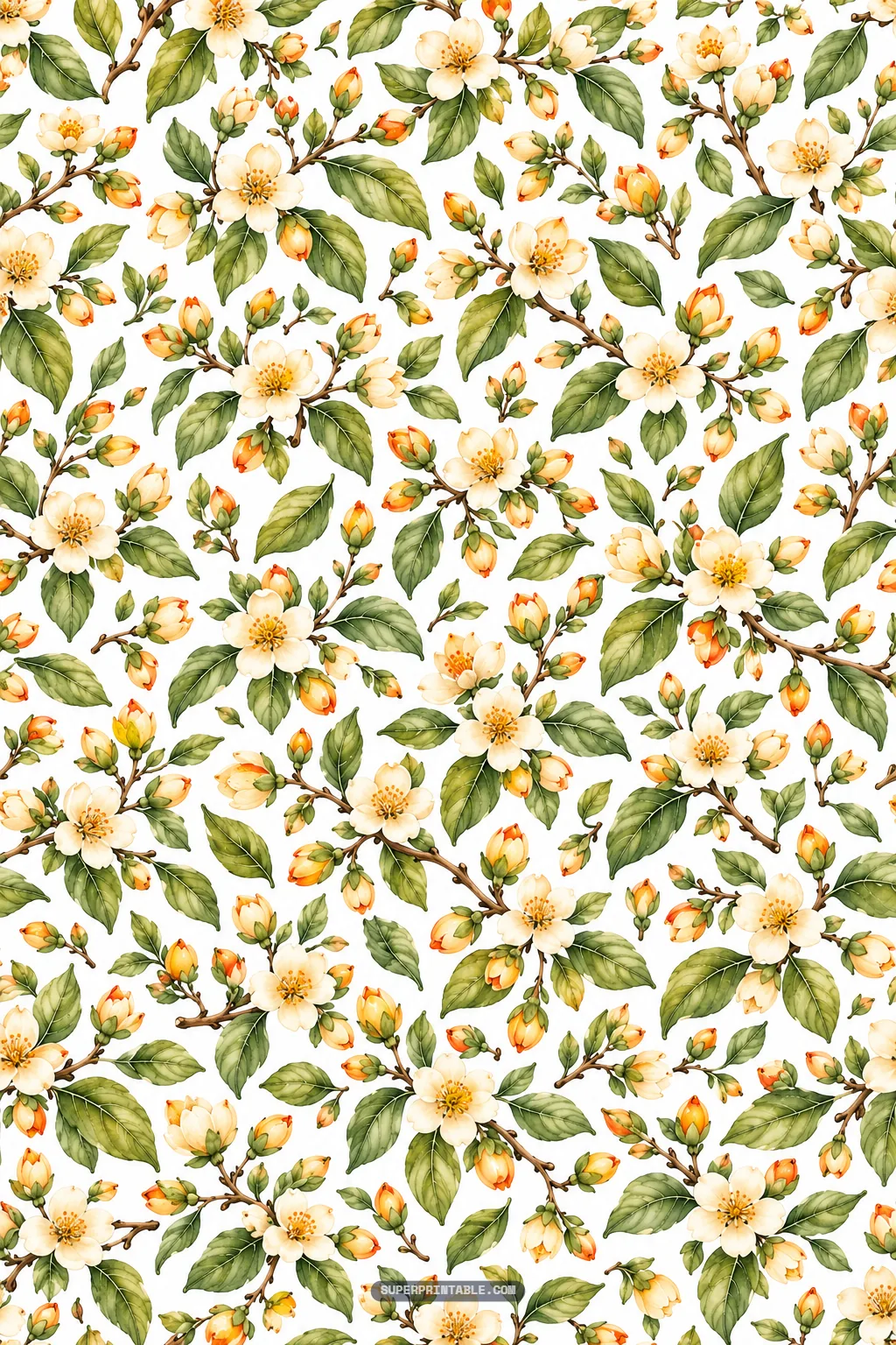 Delicate white persimmon blossom branches and budding sprigs arranged in an allover spring floral pattern
