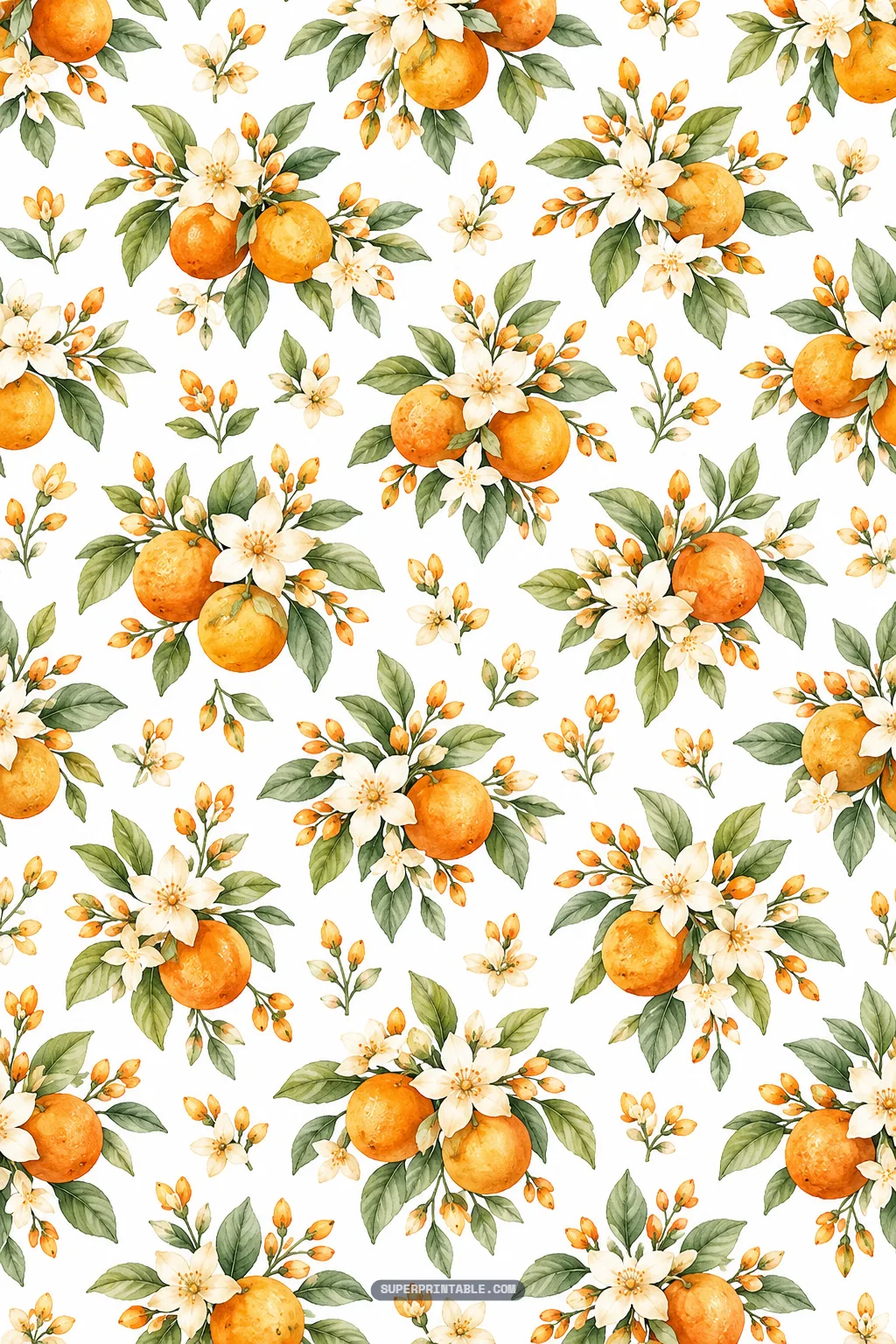 Clusters of round orange persimmons surrounded by bouquets of white blossoms and green botanical leaves