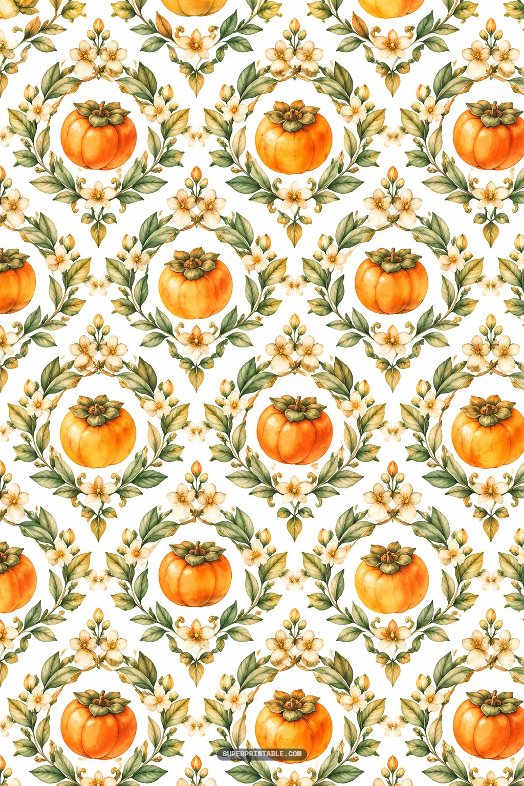 Persimmon orchard digital papers hero pattern showing ornate wreaths framing orange persimmons on white