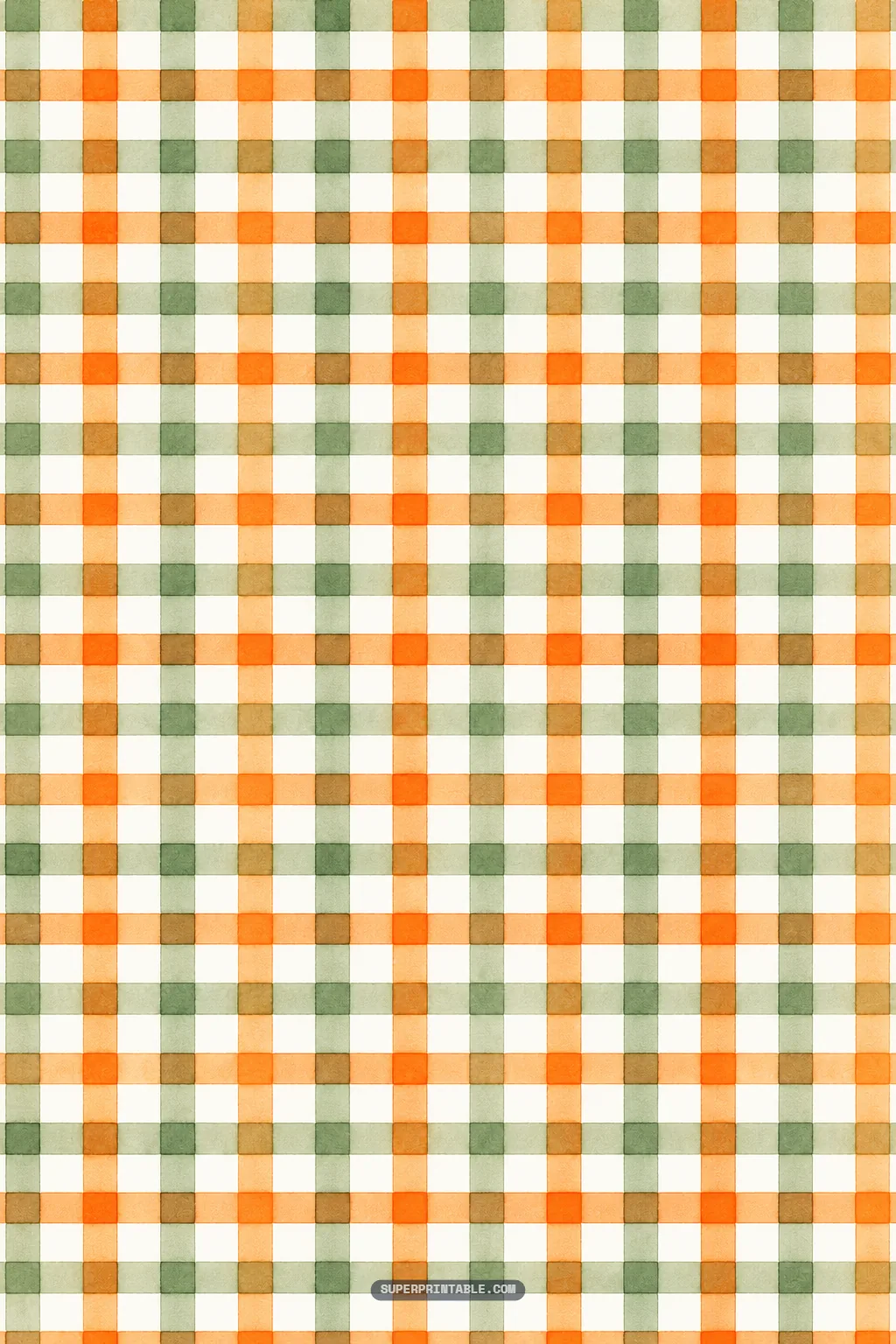 Warm gingham check pattern in watercolor persimmon orange and sage green squares on a textured white page