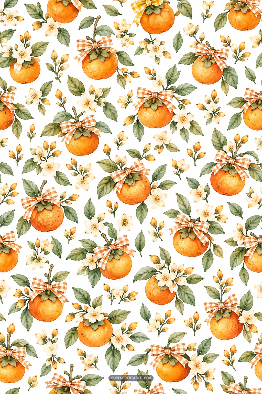 Sweet orange persimmons tied with orange and white gingham ribbon bows beside leafy botanical floral sprigs