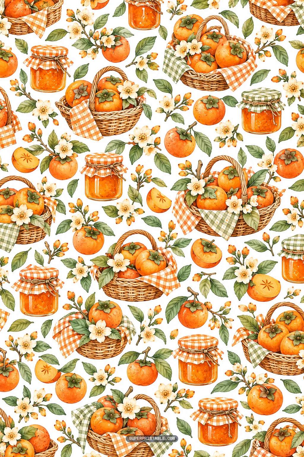 Charming harvest scene with woven wicker baskets of persimmons, homemade jam jars, and gingham cloth napkins