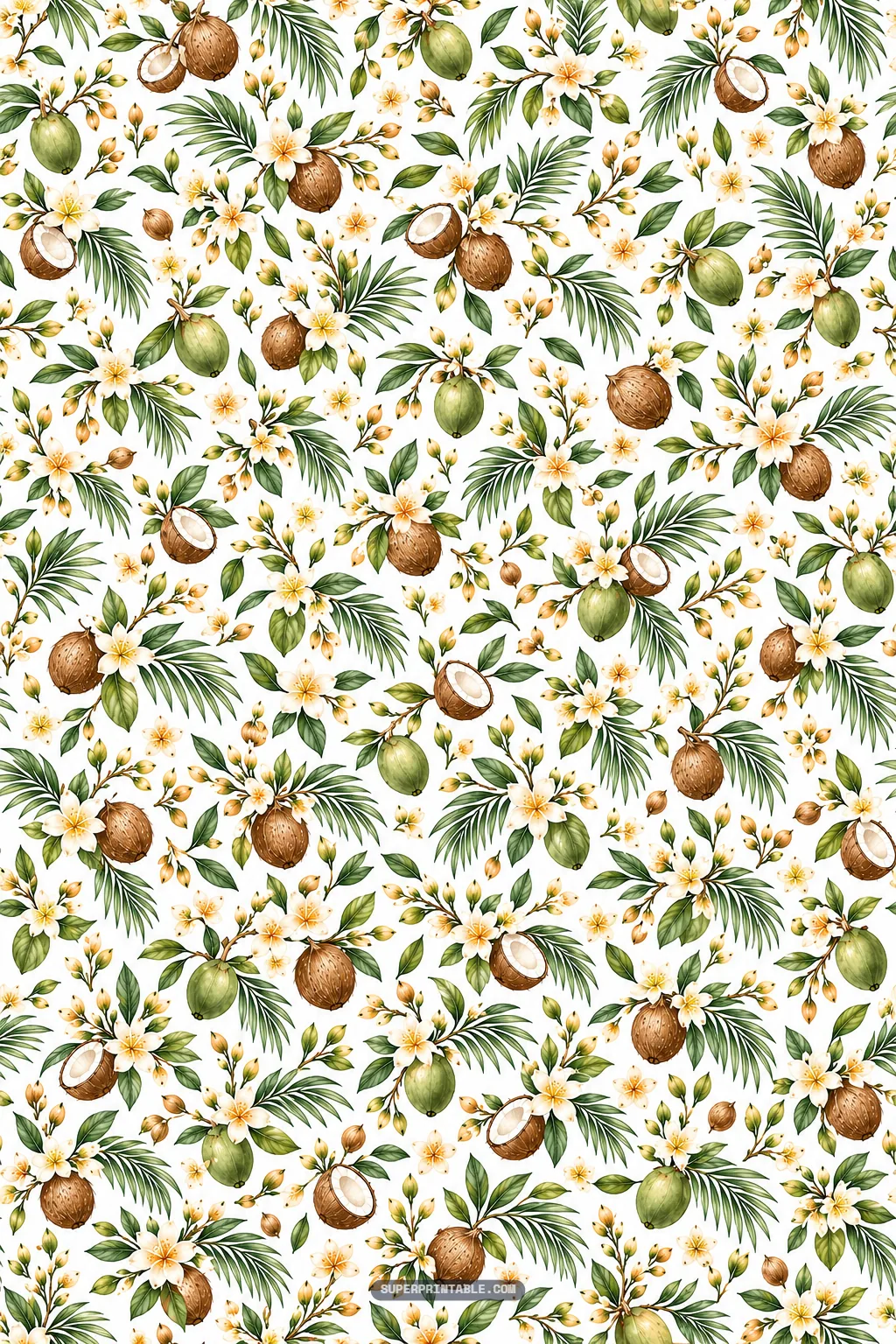 Small-scale watercolor pattern of delicate coconut sprigs, green fruit, and buds.