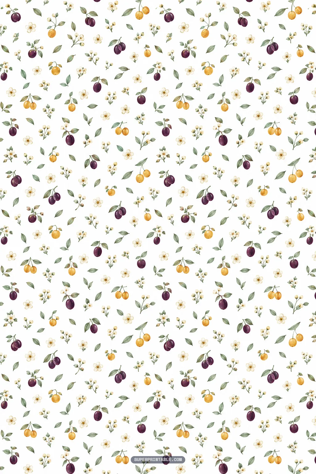 Tiny scattered plums, golden-yellow berries, and delicate white blossoms on a clean white background