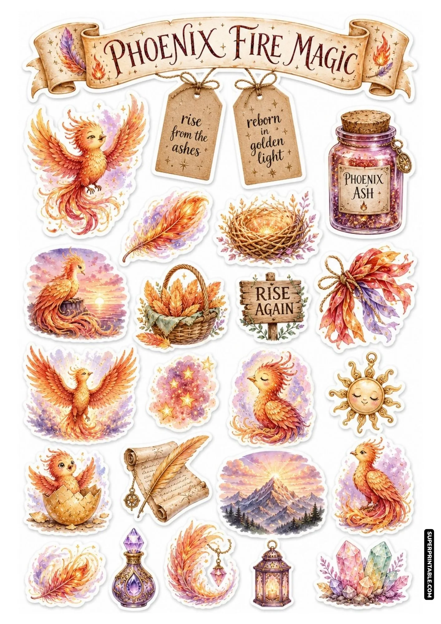 Mythical creatures sticker sheets with fiery golden phoenix birds, magical ash jars, and glowing mountain sunrise stickers.