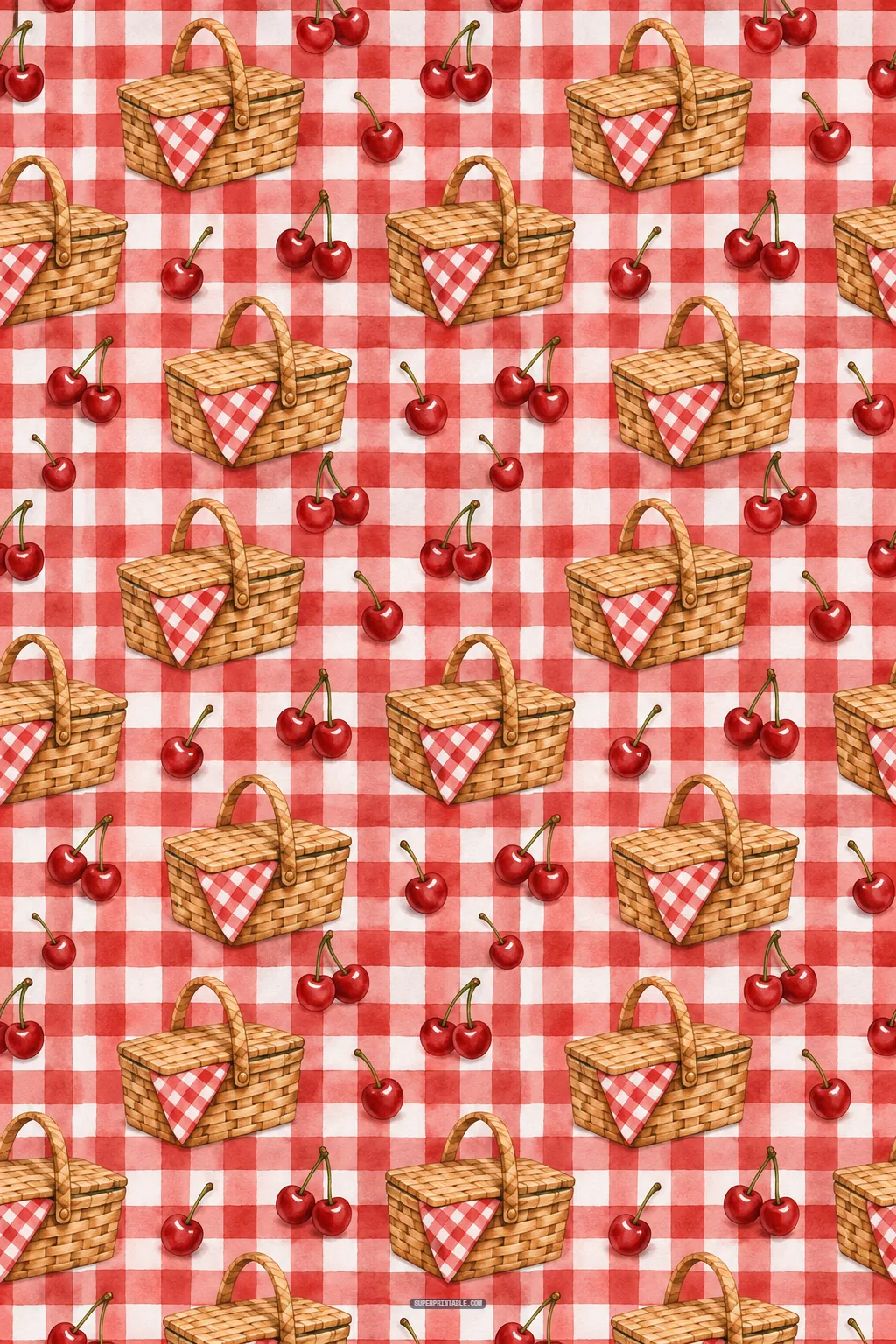 Woven picnic baskets with gingham napkins and scattered red cherries on a rustic red check background