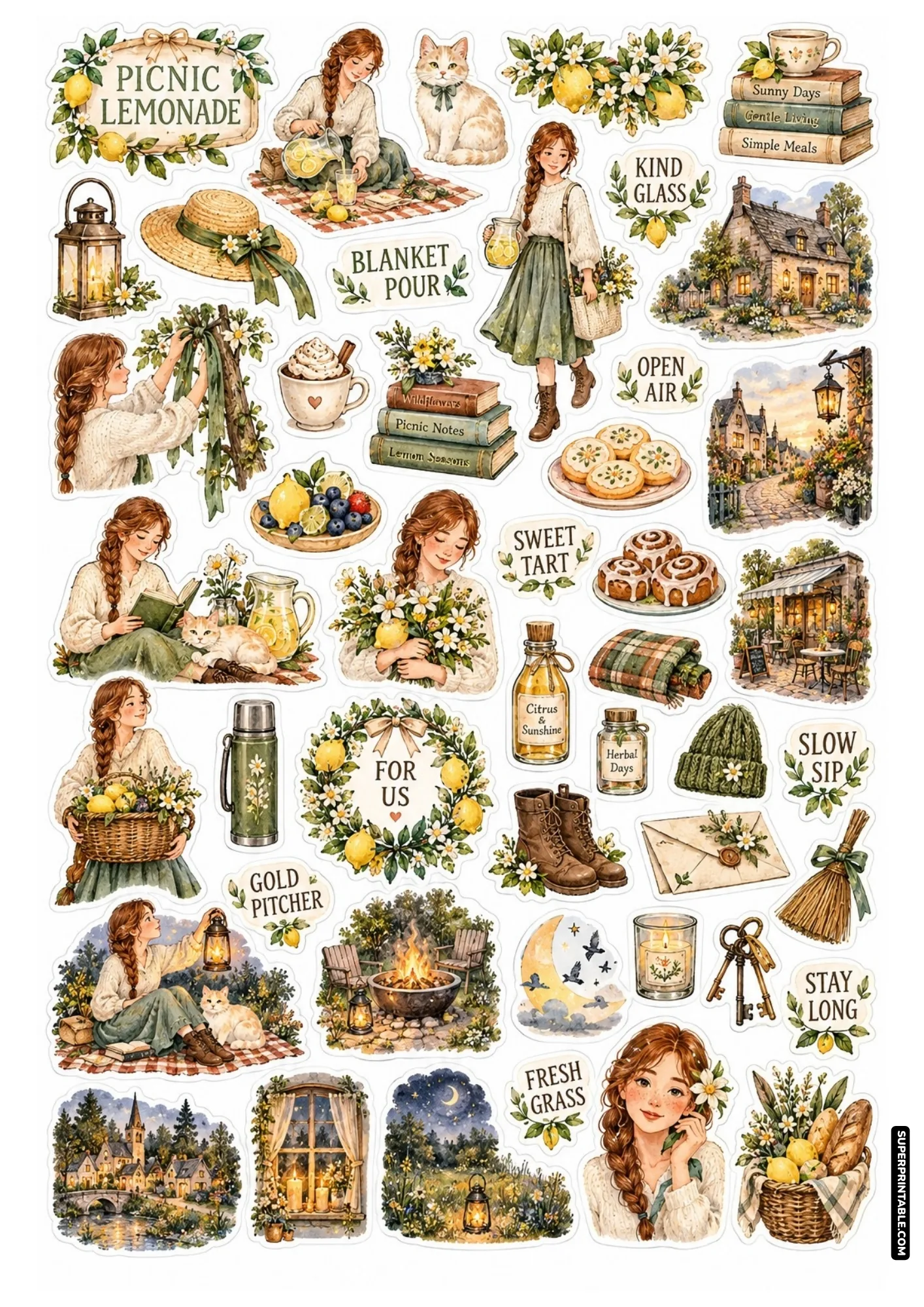 Outdoor picnic sticker sheet showing lemonade poured on a blanket, flower gathering, and cozy campfire.