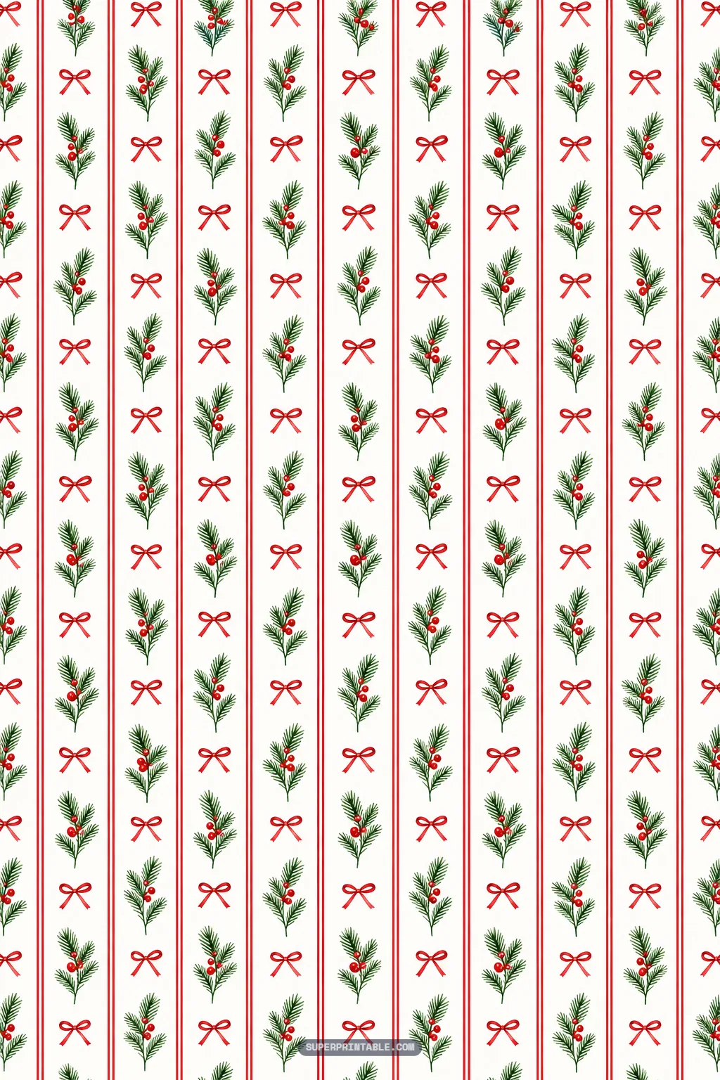 Slender vertical red pinstripes framing evergreen pine sprigs with red berries and tiny tied ribbon bows