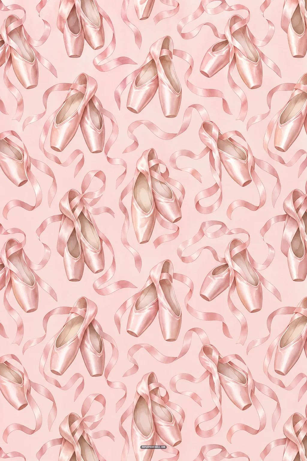 Ballet and coquette digital papers background with pink satin pointe shoes and flowing silk ribbons