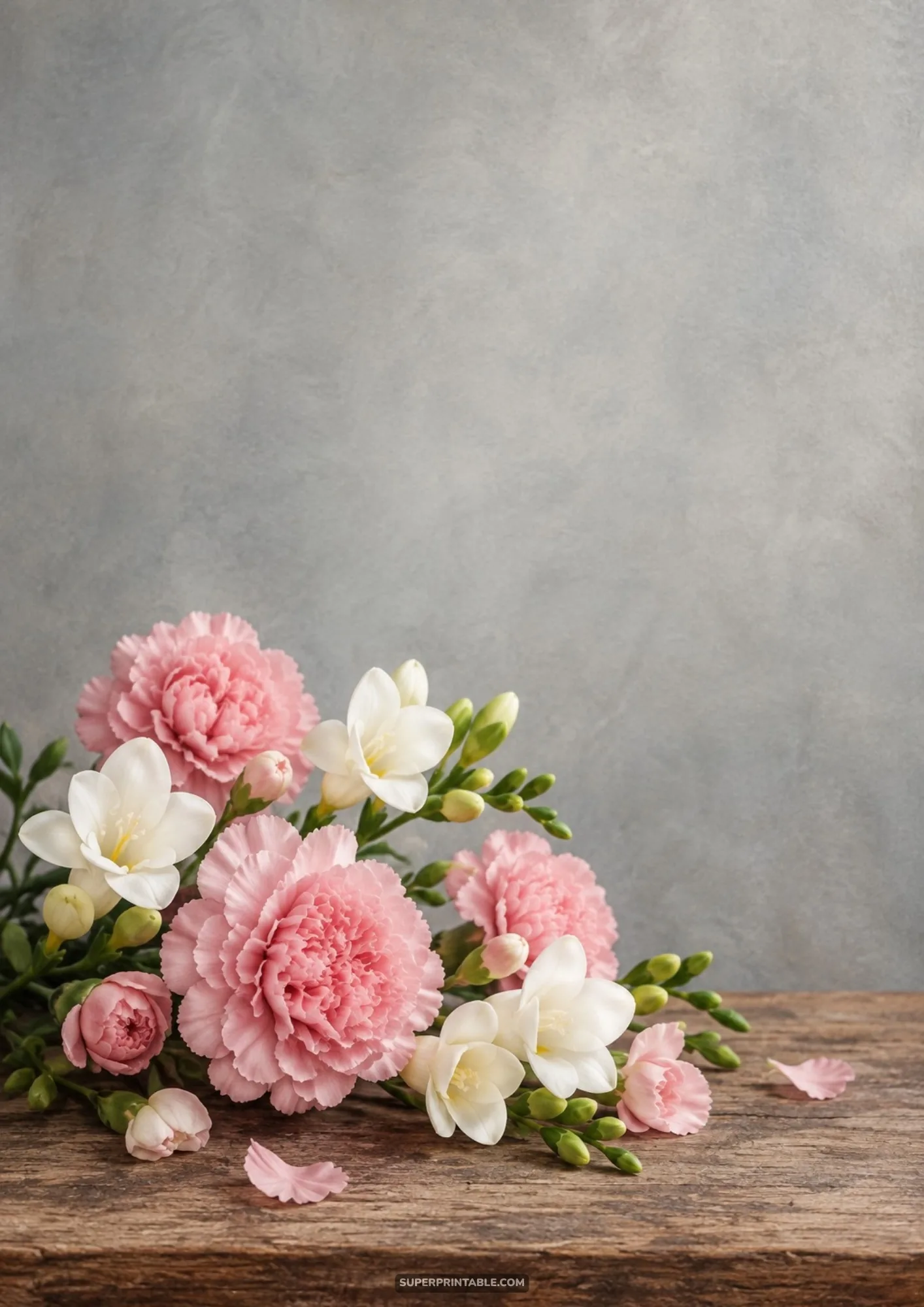 Soft pink carnations and white freesias resting gently on a rustic weathered wooden surface