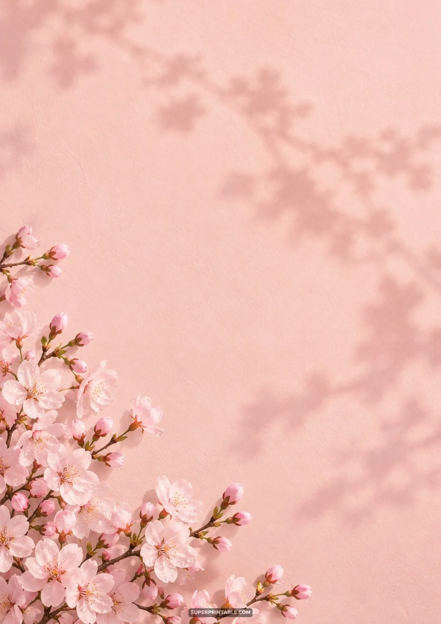 Minimalist pink sakura branch flatlay in the bottom corner with soft botanical shadows on pastel pink