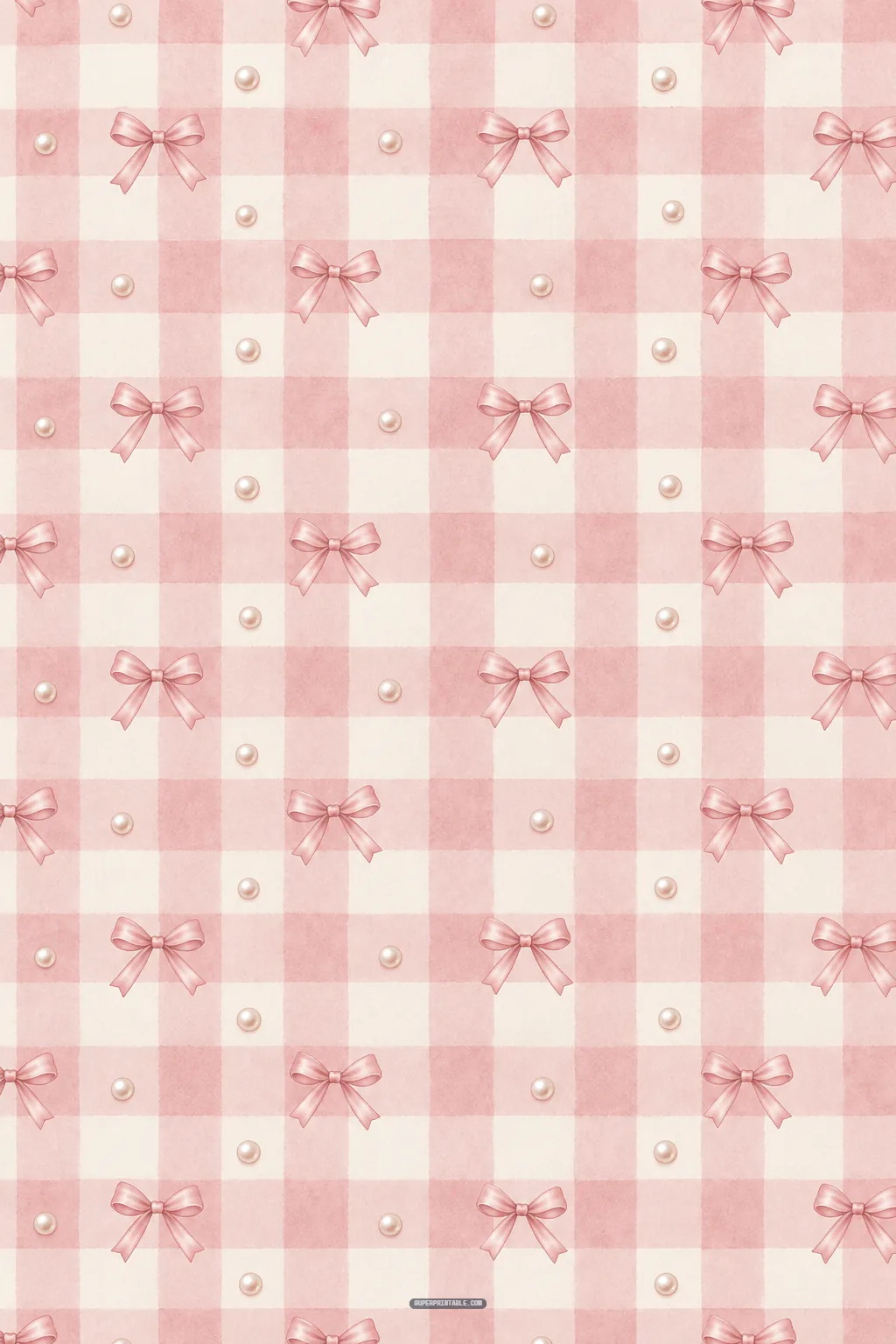 Soft pink and cream buffalo gingham check grid adorned with neat ribbon bows and glossy pearl beads