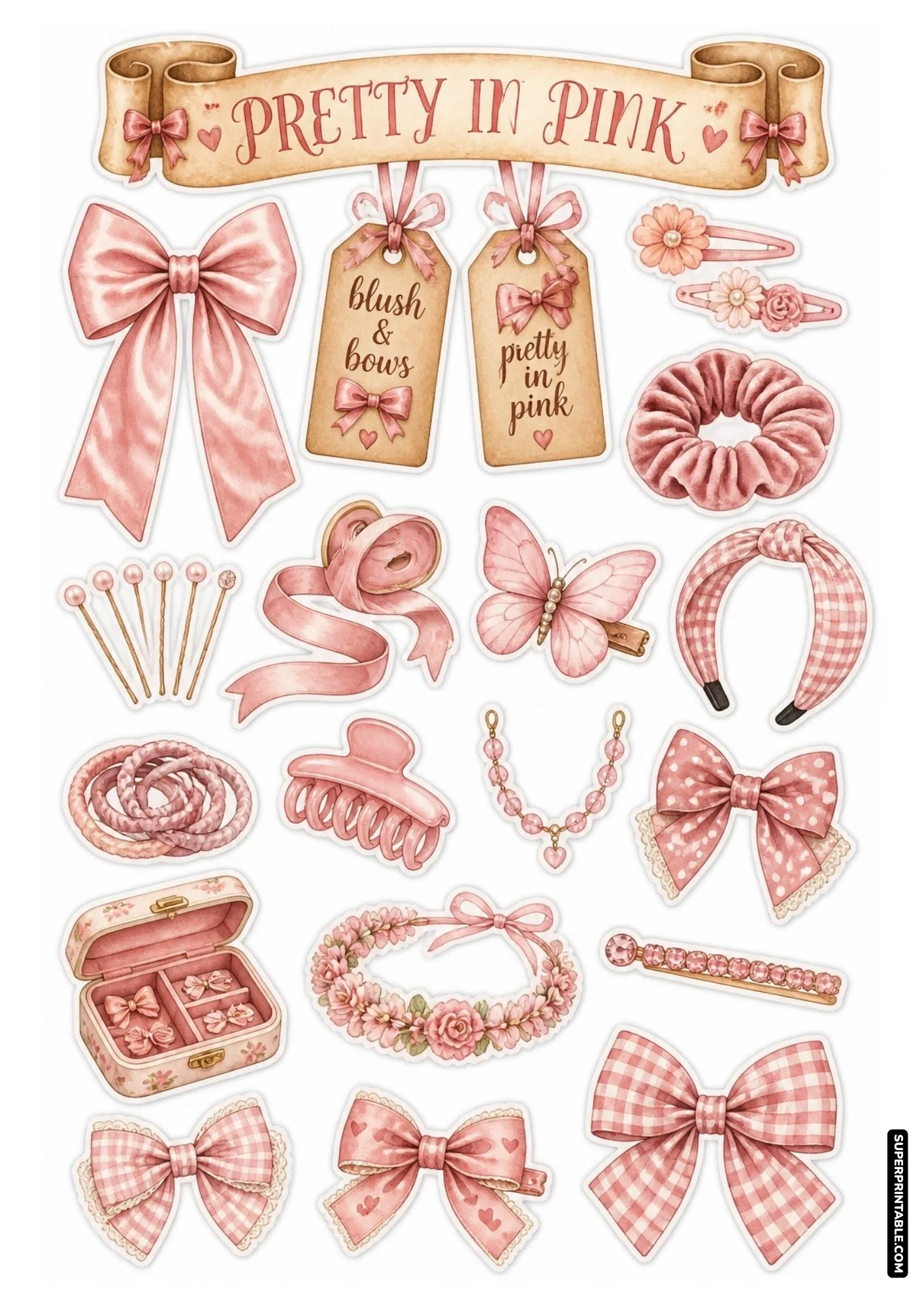 Pink hair accessories stickers featuring bows, scrunchies, headbands, and hair clips for planners.
