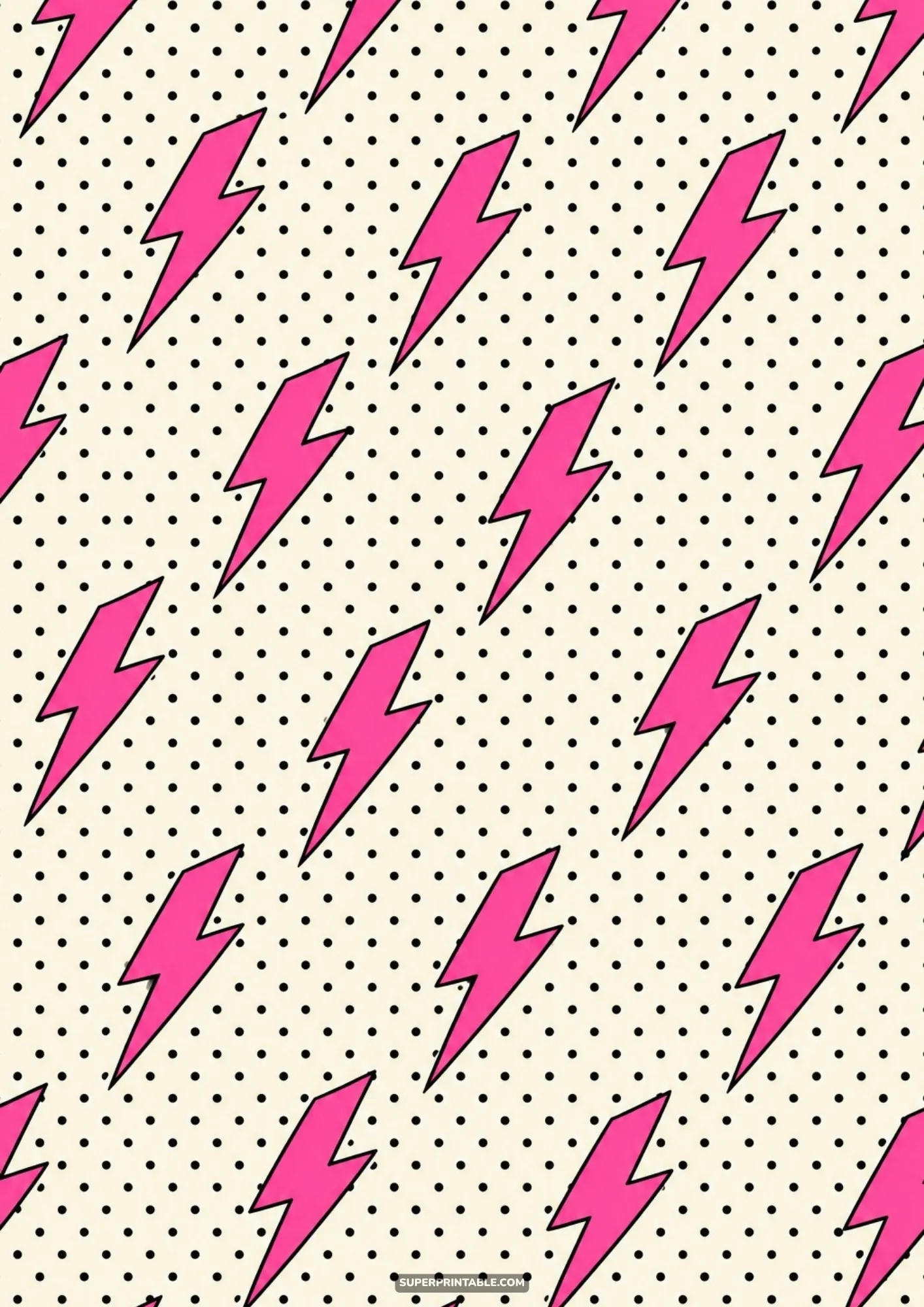 Vibrant pink lightning bolts arranged diagonally over a neat black polka dot pattern on cream paper.