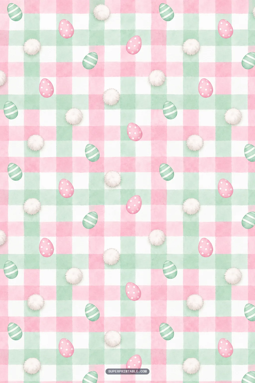 Pink and mint watercolor gingham plaid pattern accented with patterned easter eggs and fluffy bunny tails