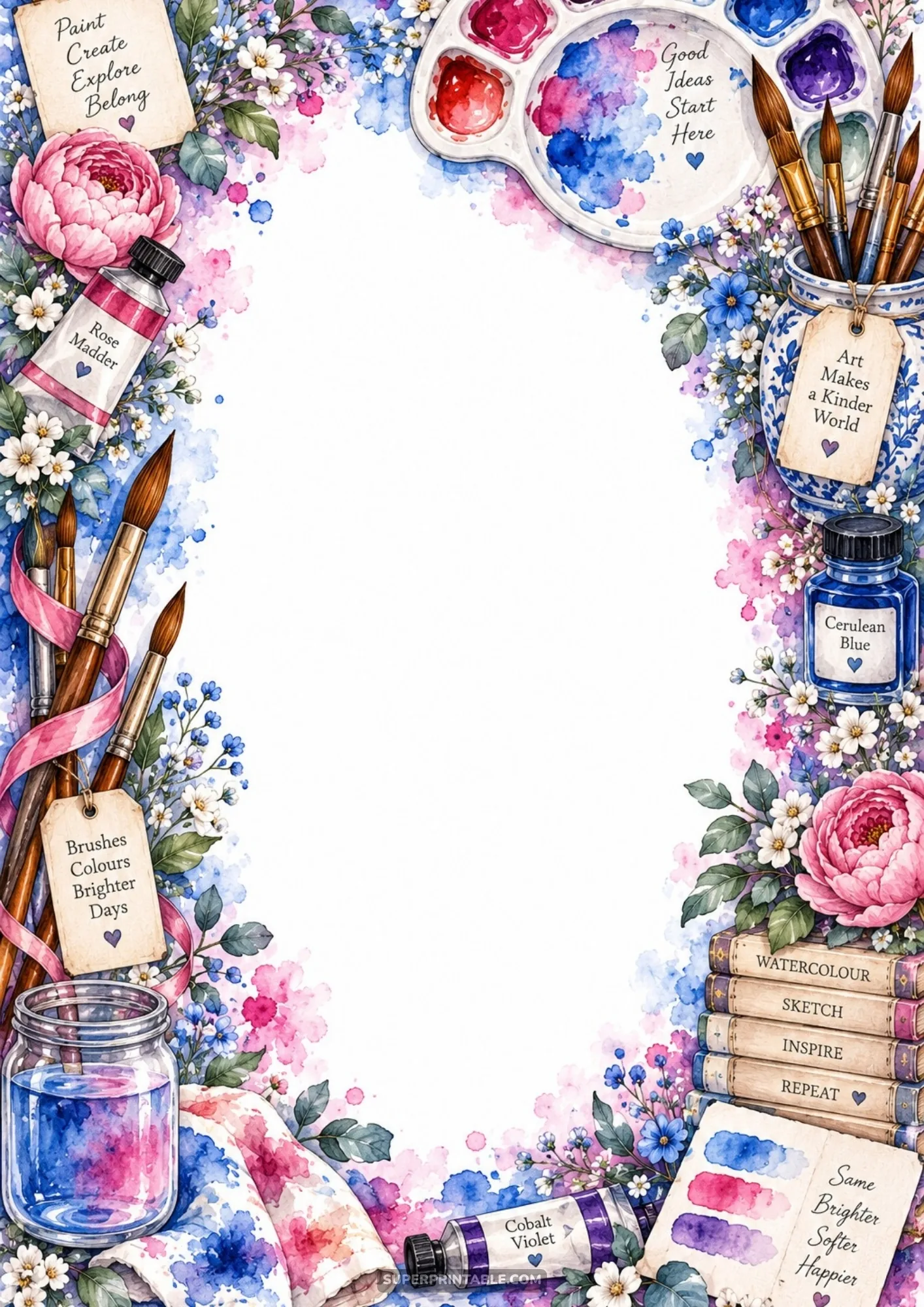 Decorative watercolor art border pages with pink peonies, porcelain palette, paint tubes, and glass water jar.