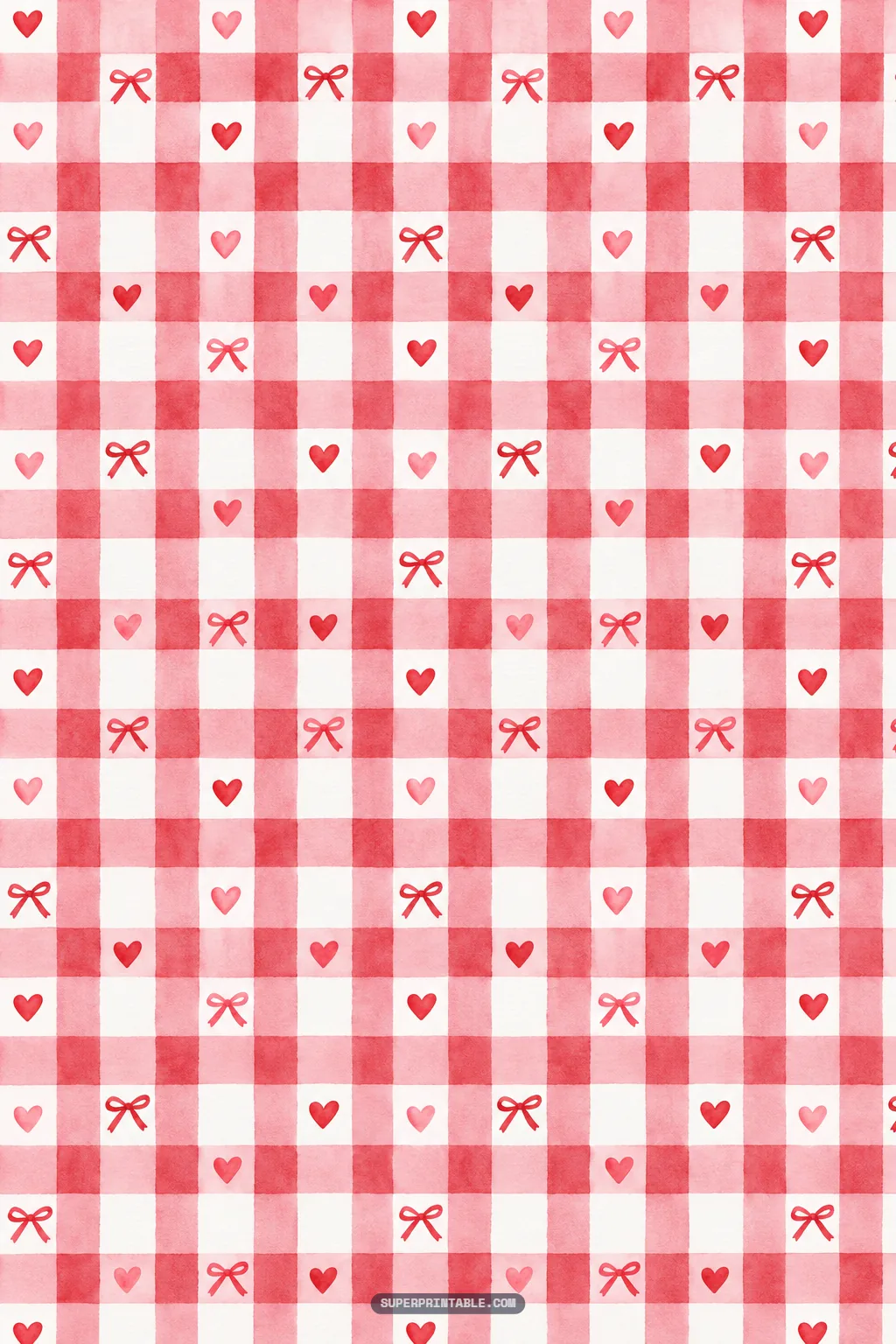 Pastel pink and red watercolor gingham check accented with miniature bows and heart motifs